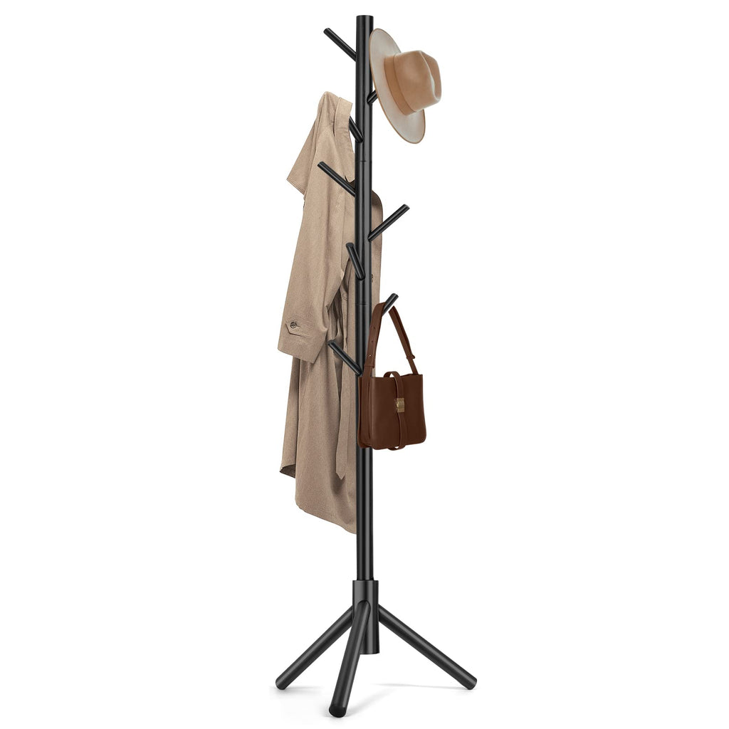 Wooden Coat Rack Freestanding with 8 Hooks & 3 Adjustable Sizes for Clothes, Space-Saving Design for Bedroom Office Entrance Holds Hats Coats Scarves Bags