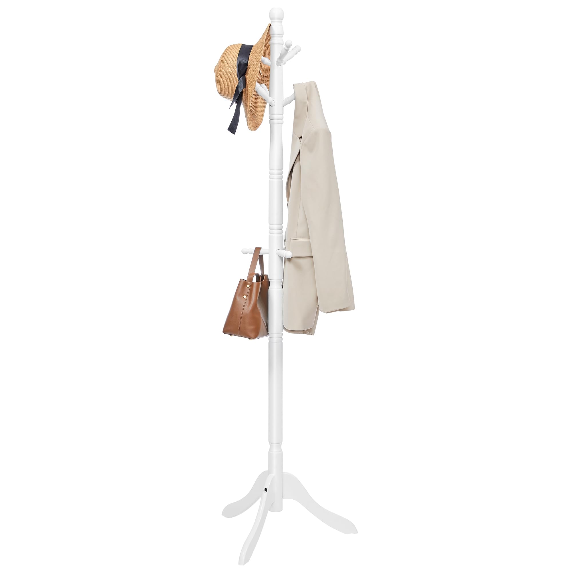 VASAGLE Solid Wood Coat Rack and Stand, Free Standing Hall Coat Tree with 10 Hooks for Hats, Bags, Purses, for Entryway, Hallway, Rubberwood, Caramel Brown URCR03WN