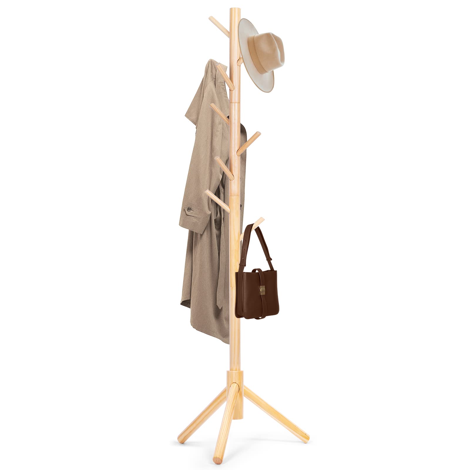 Wooden Coat Rack Freestanding with 8 Hooks & 3 Adjustable Sizes for Clothes, Space-Saving Design for Bedroom Office Entrance Holds Hats Coats Scarves Bags