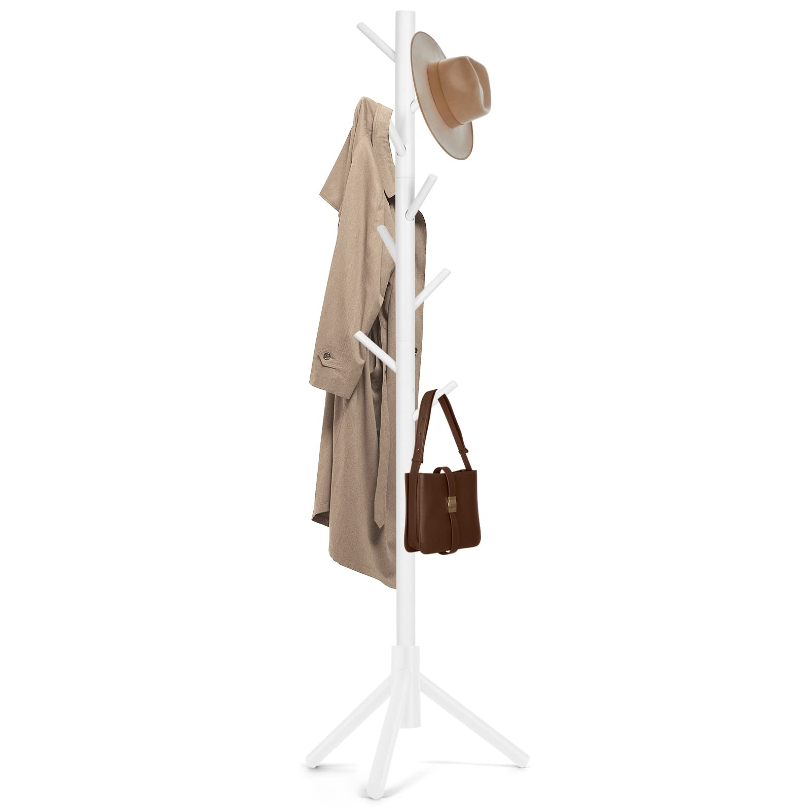 Wooden Coat Rack Freestanding with 8 Hooks & 3 Adjustable Sizes for Clothes, Space-Saving Design for Bedroom Office Entrance Holds Hats Coats Scarves Bags