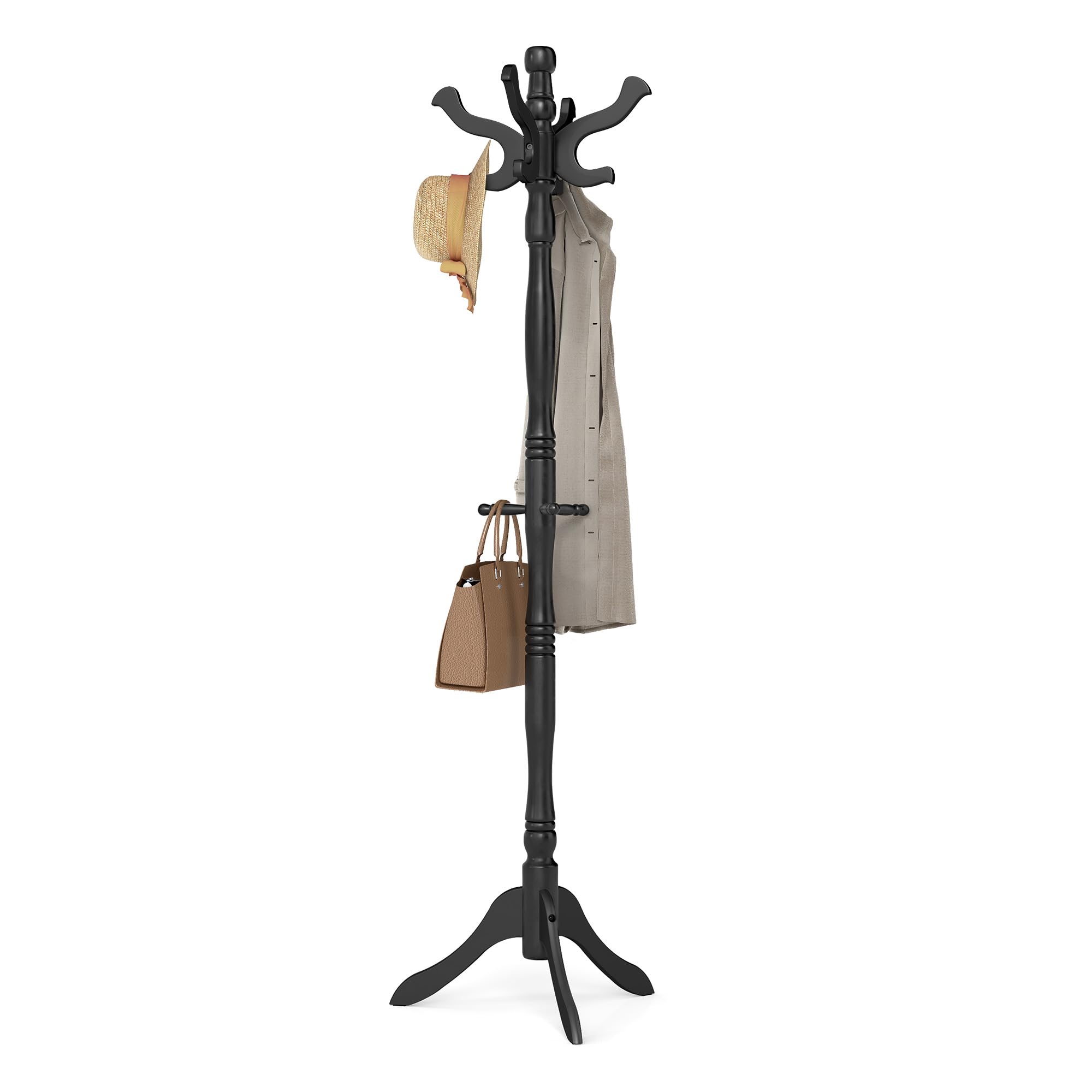 VASAGLE Solid Wood Coat Rack and Stand, Free Standing Hall Coat Tree with 10 Hooks for Hats, Bags, Purses, for Entryway, Hallway, Rubberwood, Caramel Brown URCR03WN