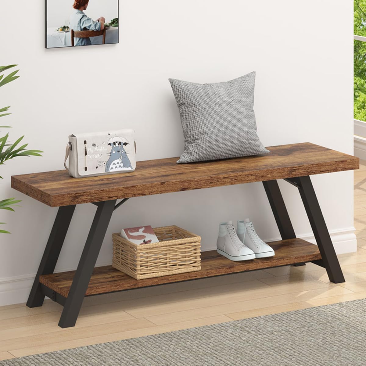 LVB Industrial Entryway Bench, Wood and Metal Storage Bench for Living Dining Room, Farmhouse Indoor Entry Way Shoe Benches Seat, Rustic Oak, 47 Inch Long