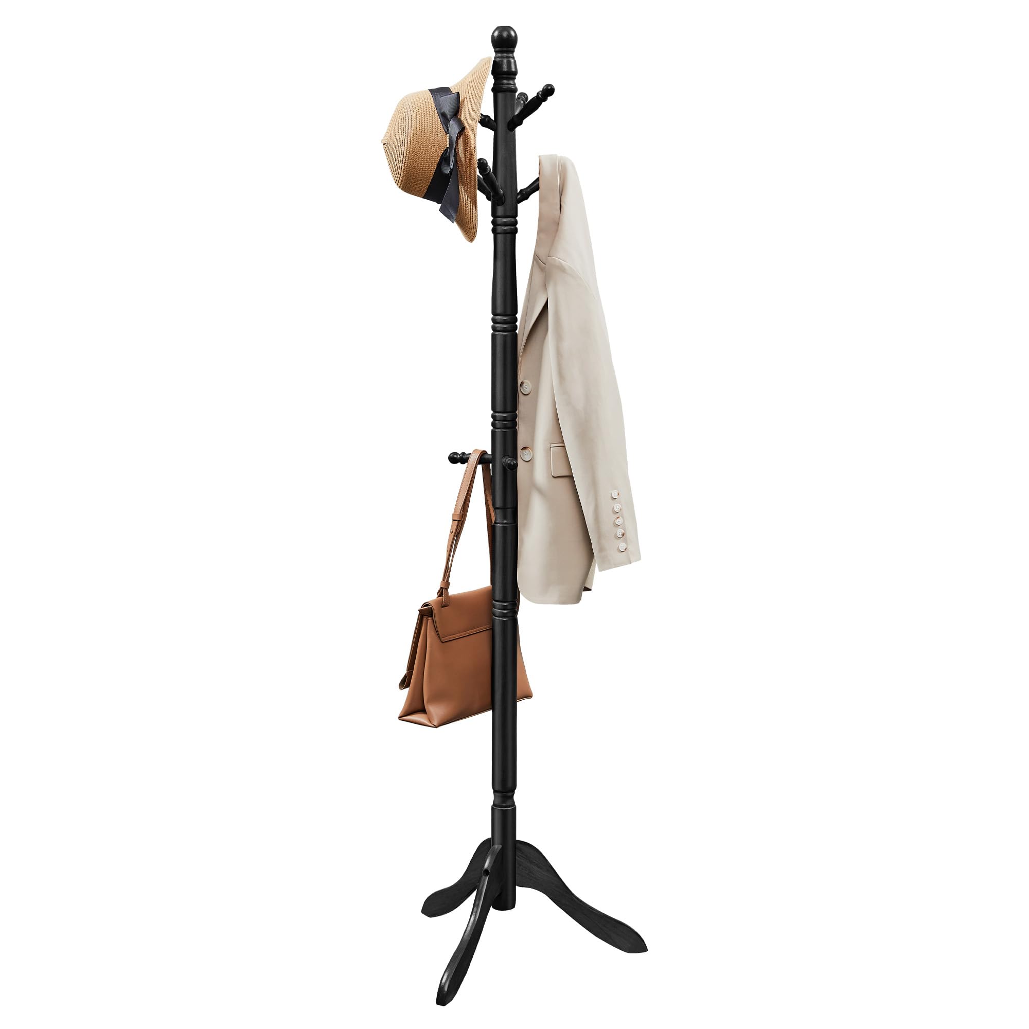 VASAGLE Solid Wood Coat Rack and Stand, Free Standing Hall Coat Tree with 10 Hooks for Hats, Bags, Purses, for Entryway, Hallway, Rubberwood, Caramel Brown URCR03WN