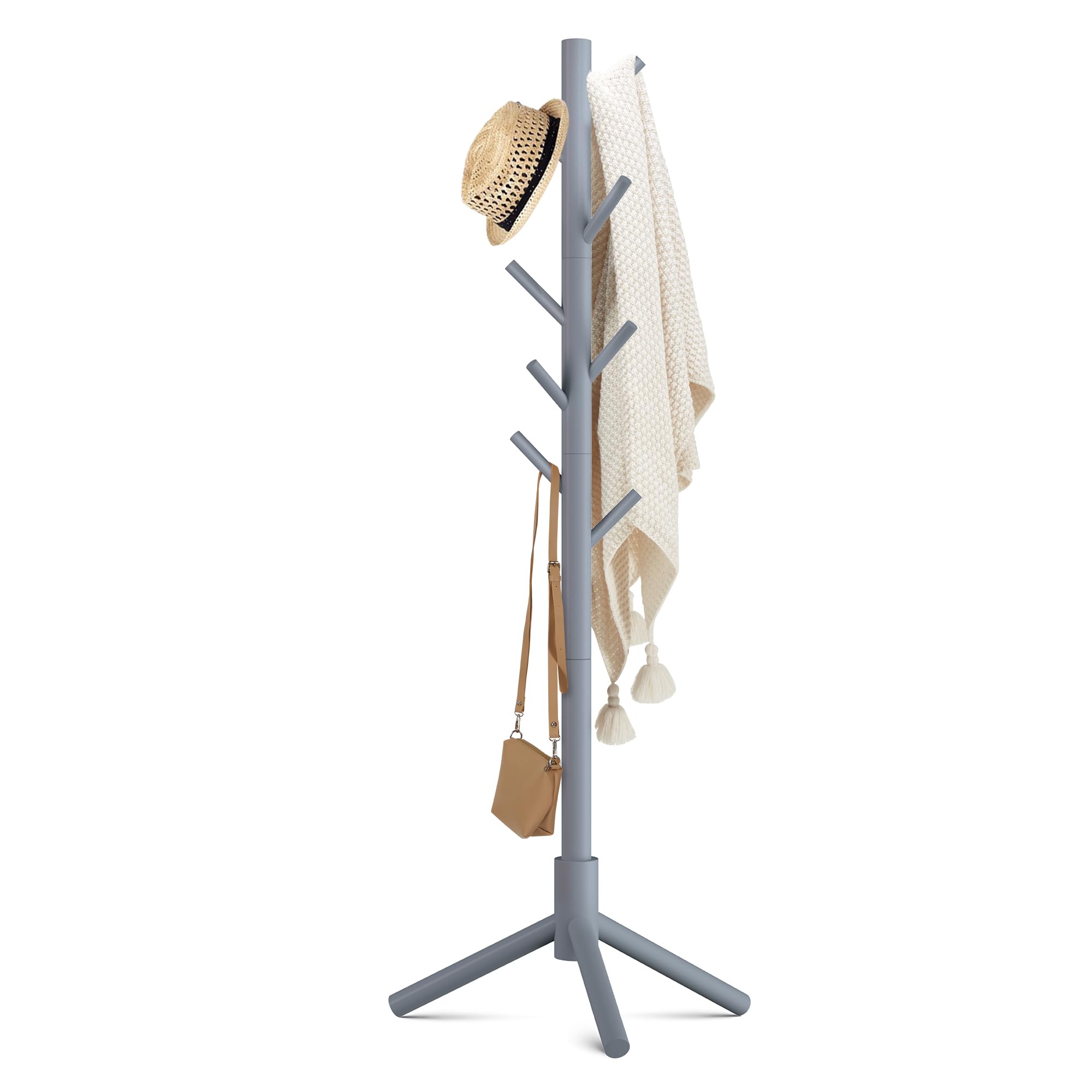 Haddockway Wooden Coat Rack Stand with 8 Hooks New Zealand Pine 3 Adjustable Coat Standing Tree Easy Assembly for Coats, Hats, Scarves and Handbags for Entryway, Hallway, Bedroom, Office