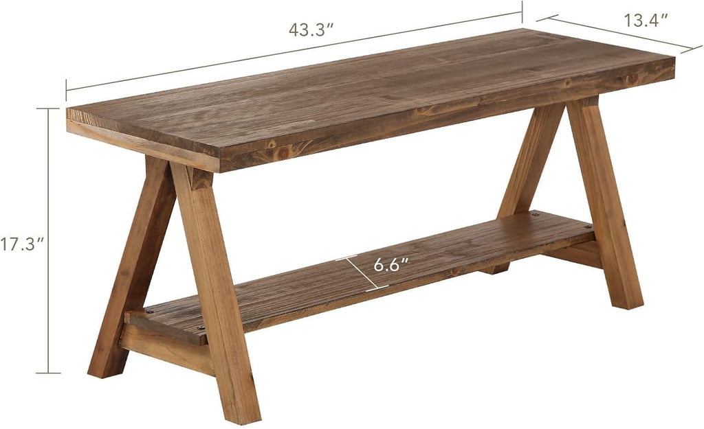 Wnutrees 43" Farmhouse Wood Bench, Long Rustic Indoor Storage Bench for Entryway, Living Room, Dining Room, Solid Wood Construction, Original Wood