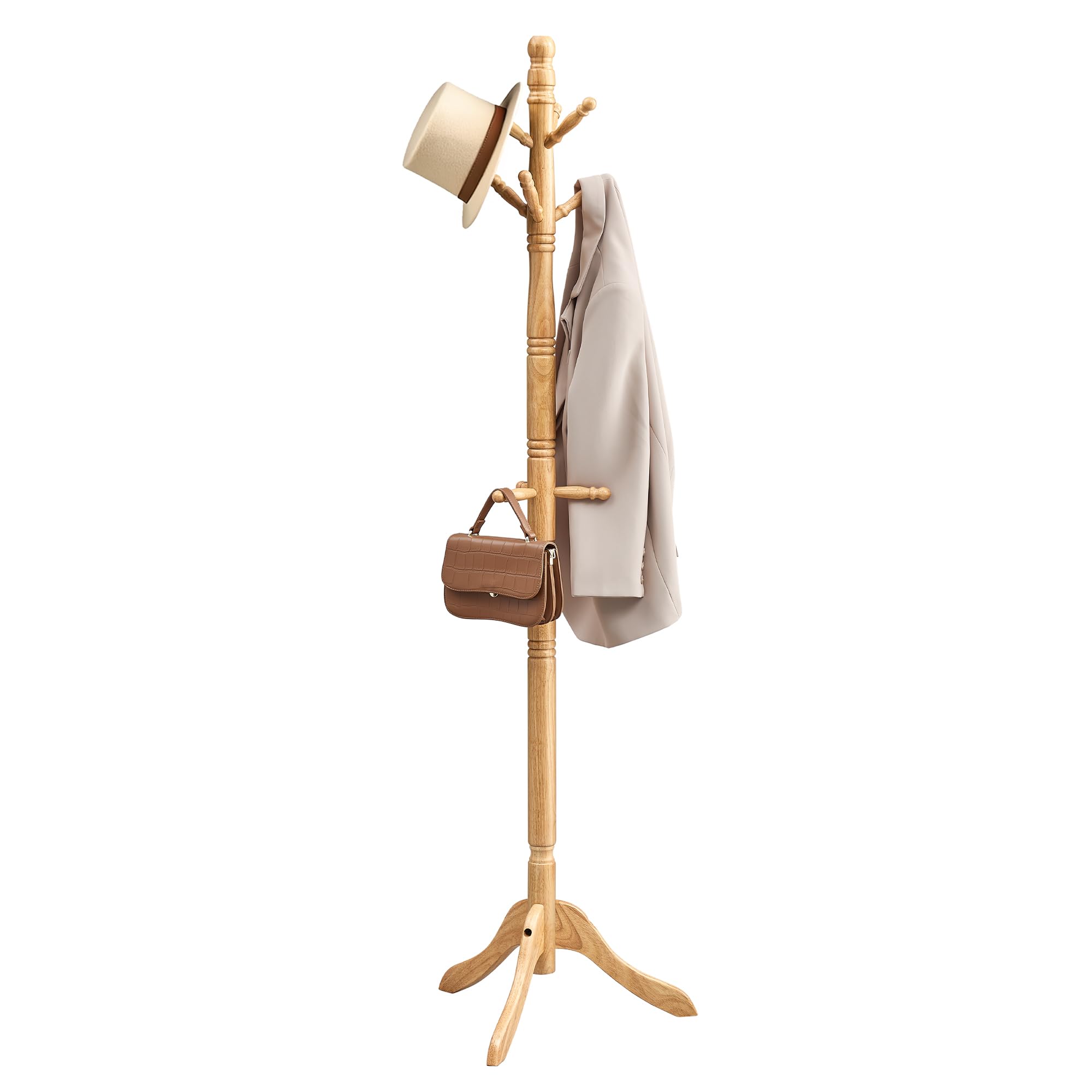 VASAGLE Solid Wood Coat Rack and Stand, Free Standing Hall Coat Tree with 10 Hooks for Hats, Bags, Purses, for Entryway, Hallway, Rubberwood, Caramel Brown URCR03WN