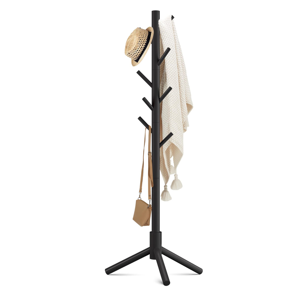 Haddockway Wooden Coat Rack Stand with 8 Hooks New Zealand Pine 3 Adjustable Coat Standing Tree Easy Assembly for Coats, Hats, Scarves and Handbags for Entryway, Hallway, Bedroom, Office