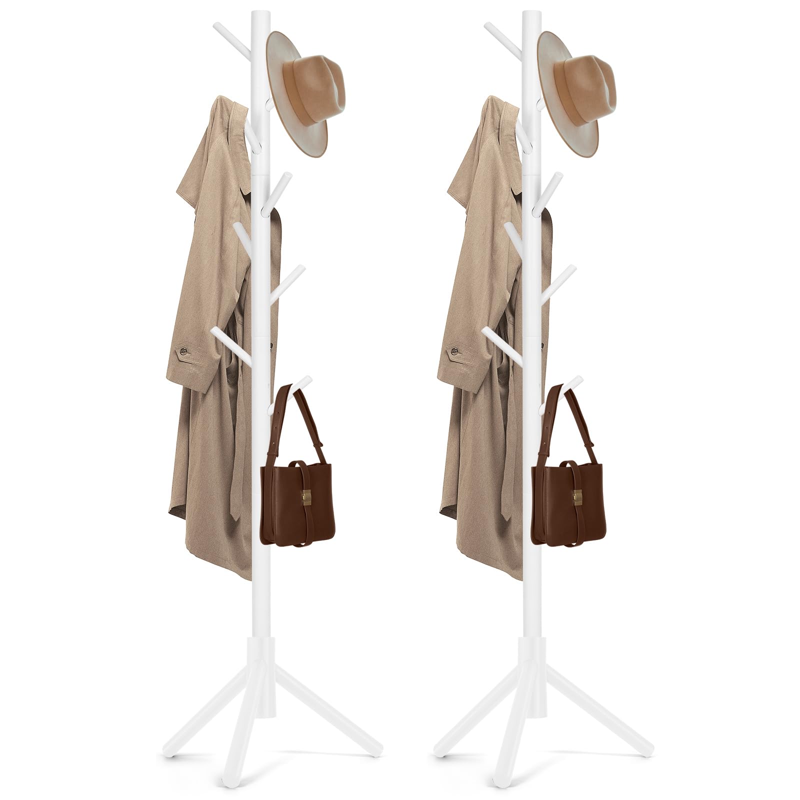 Wooden Coat Rack Freestanding with 8 Hooks & 3 Adjustable Sizes for Clothes, Space-Saving Design for Bedroom Office Entrance Holds Hats Coats Scarves Bags