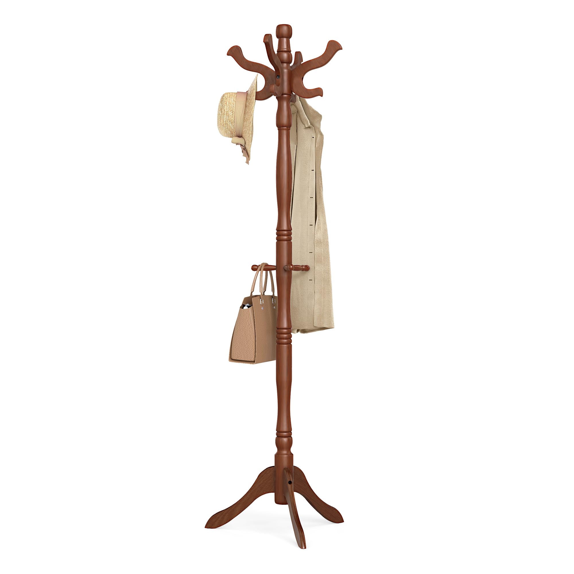 VASAGLE Solid Wood Coat Rack and Stand, Free Standing Hall Coat Tree with 10 Hooks for Hats, Bags, Purses, for Entryway, Hallway, Rubberwood, Caramel Brown URCR03WN