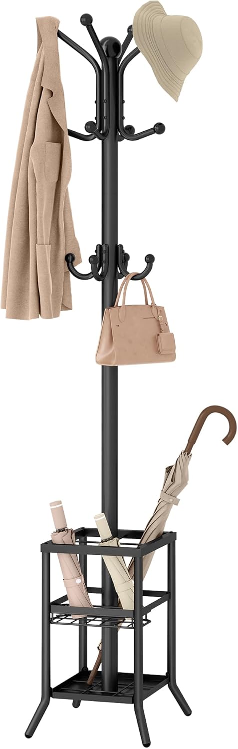 63" Freestanding Coat Rack with Umbrella Holder, Black