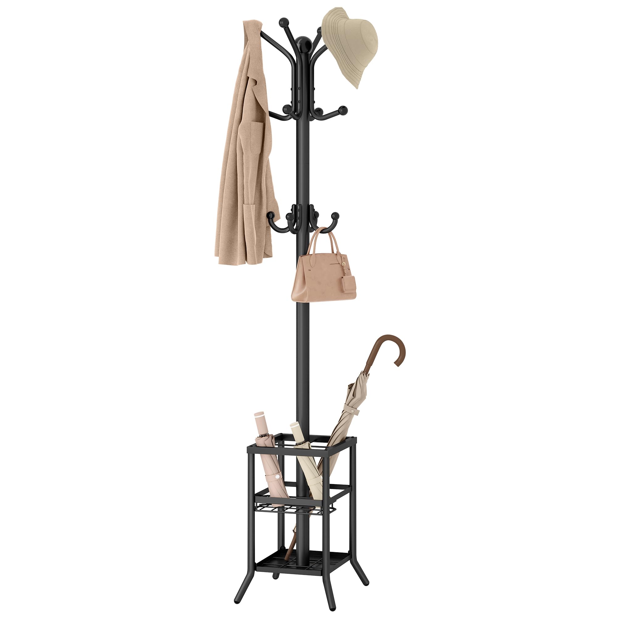63" Freestanding Coat Rack with Umbrella Holder, Black