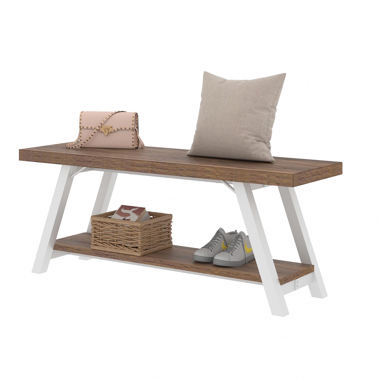 LVB Industrial Entryway Bench, Wood and Metal Storage Bench for Living Dining Room, Farmhouse Indoor Entry Way Shoe Benches Seat, Rustic Oak, 47 Inch Long