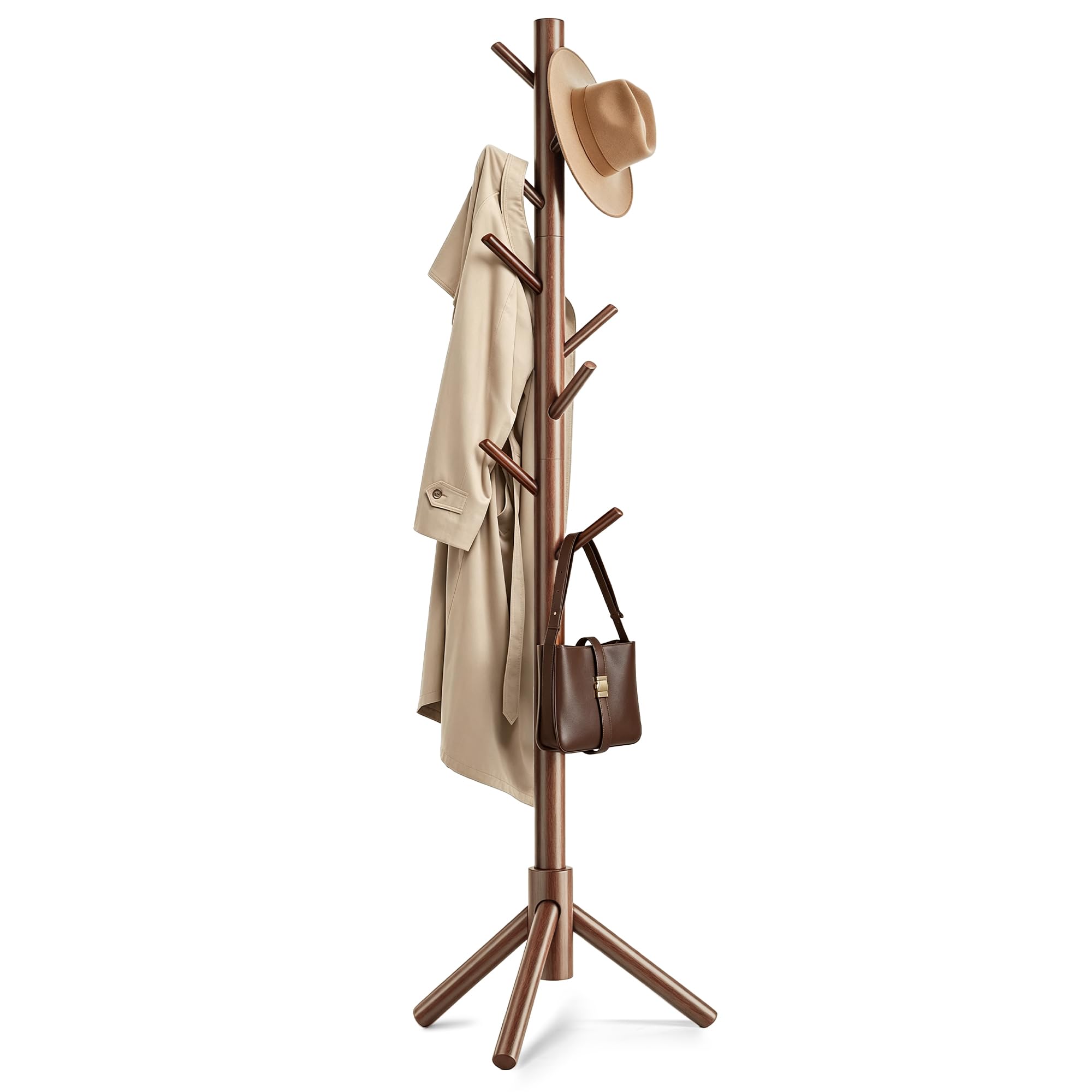 Wooden Coat Rack Freestanding with 8 Hooks & 3 Adjustable Sizes for Clothes, Space-Saving Design for Bedroom Office Entrance Holds Hats Coats Scarves Bags
