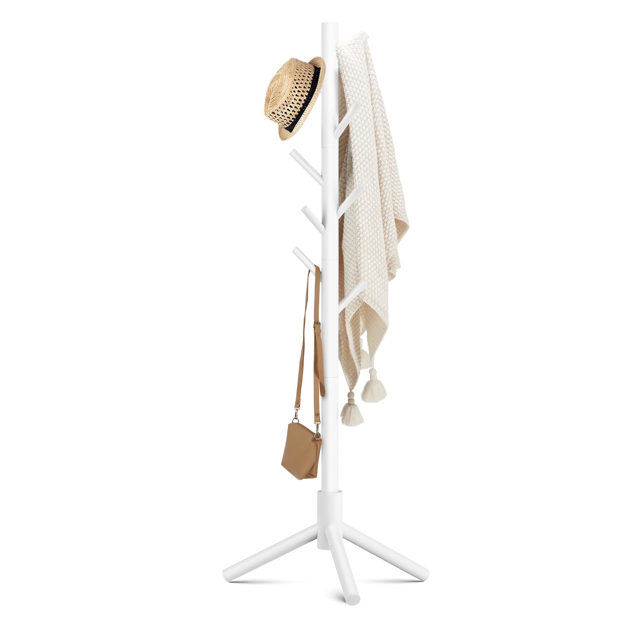 Haddockway Wooden Coat Rack Stand with 8 Hooks New Zealand Pine 3 Adjustable Coat Standing Tree Easy Assembly for Coats, Hats, Scarves and Handbags for Entryway, Hallway, Bedroom, Office
