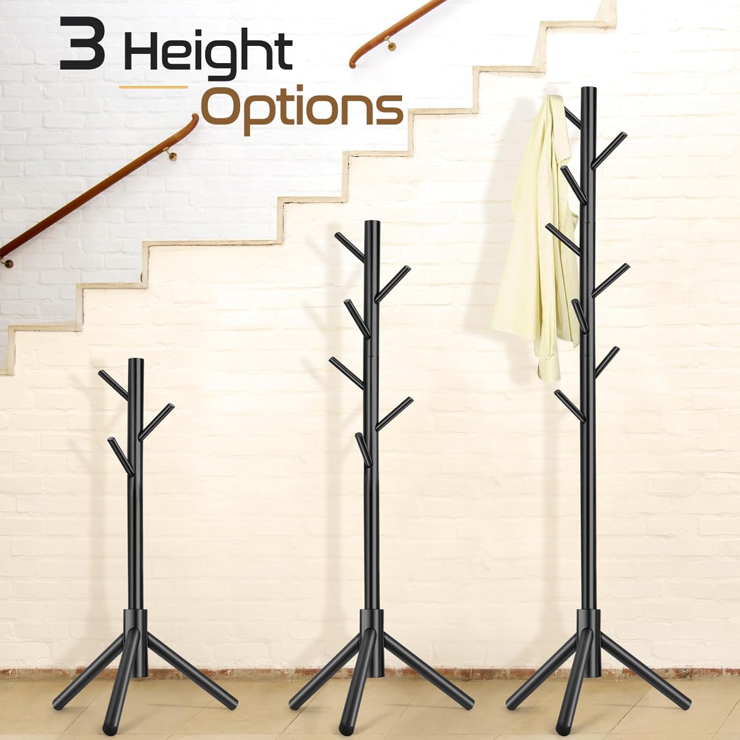 Wooden Coat Rack Freestanding with 8 Hooks & 3 Adjustable Sizes for Clothes, Space-Saving Design for Bedroom Office Entrance Holds Hats Coats Scarves Bags
