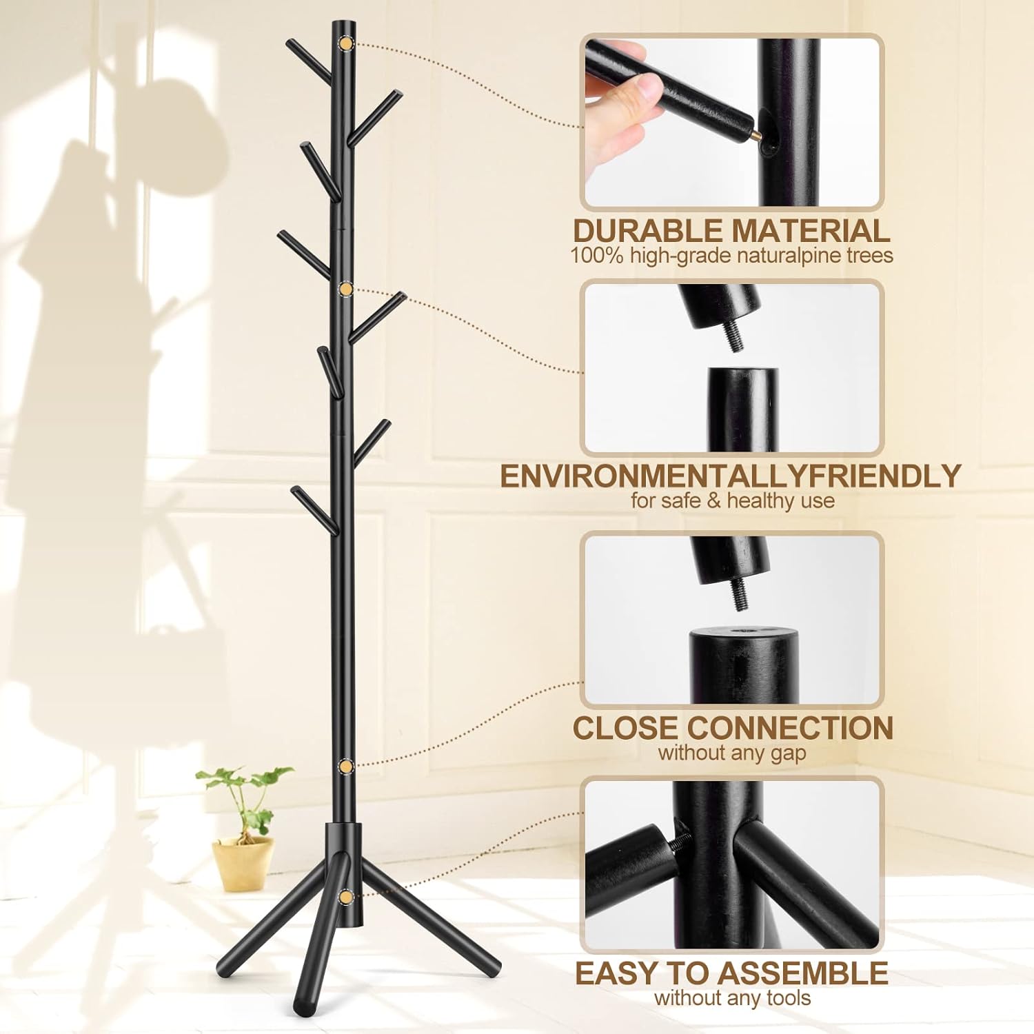 Wooden Coat Rack Freestanding with 8 Hooks & 3 Adjustable Sizes for Clothes, Space-Saving Design for Bedroom Office Entrance Holds Hats Coats Scarves Bags