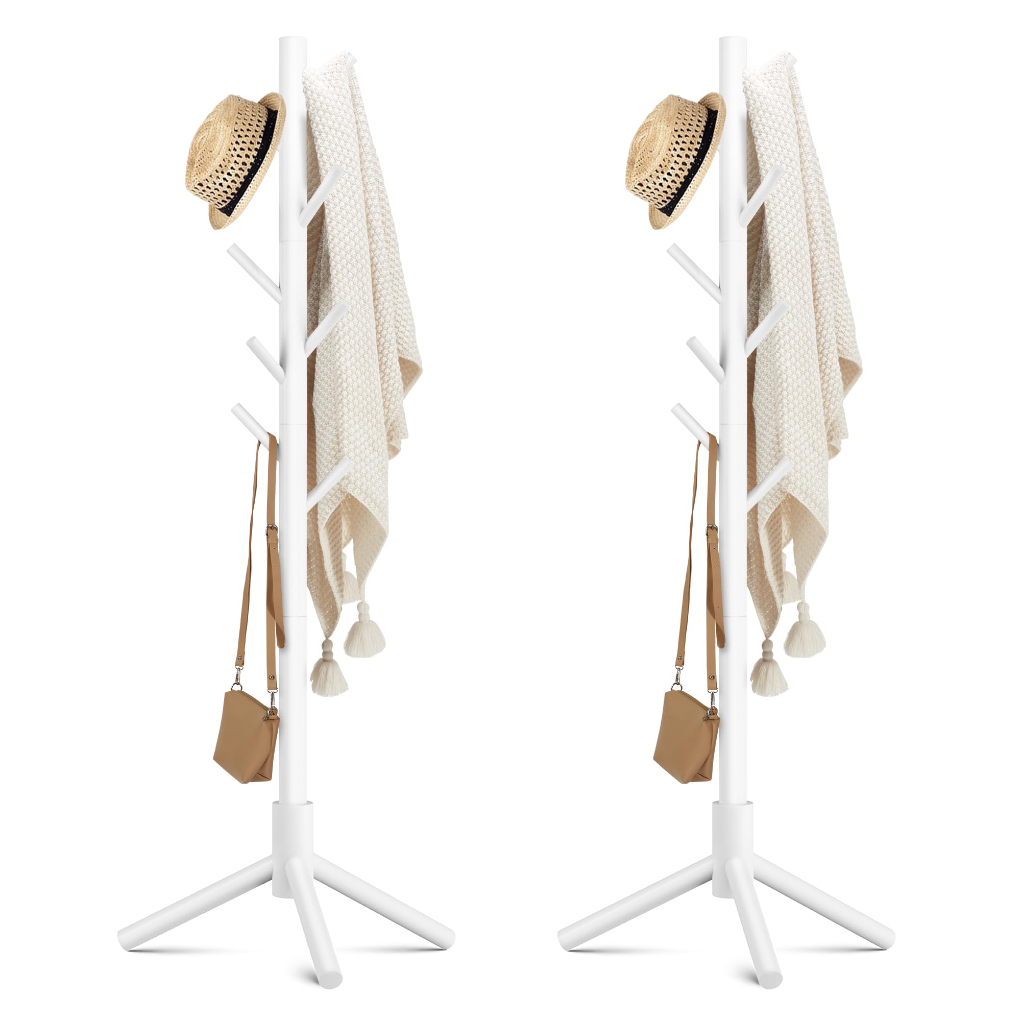 Haddockway Wooden Coat Rack Stand with 8 Hooks New Zealand Pine 3 Adjustable Coat Standing Tree Easy Assembly for Coats, Hats, Scarves and Handbags for Entryway, Hallway, Bedroom, Office