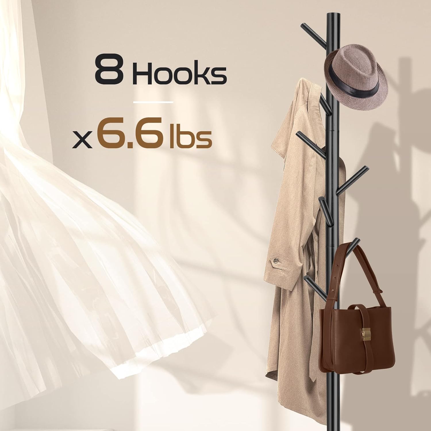Wooden Coat Rack Freestanding with 8 Hooks & 3 Adjustable Sizes for Clothes, Space-Saving Design for Bedroom Office Entrance Holds Hats Coats Scarves Bags
