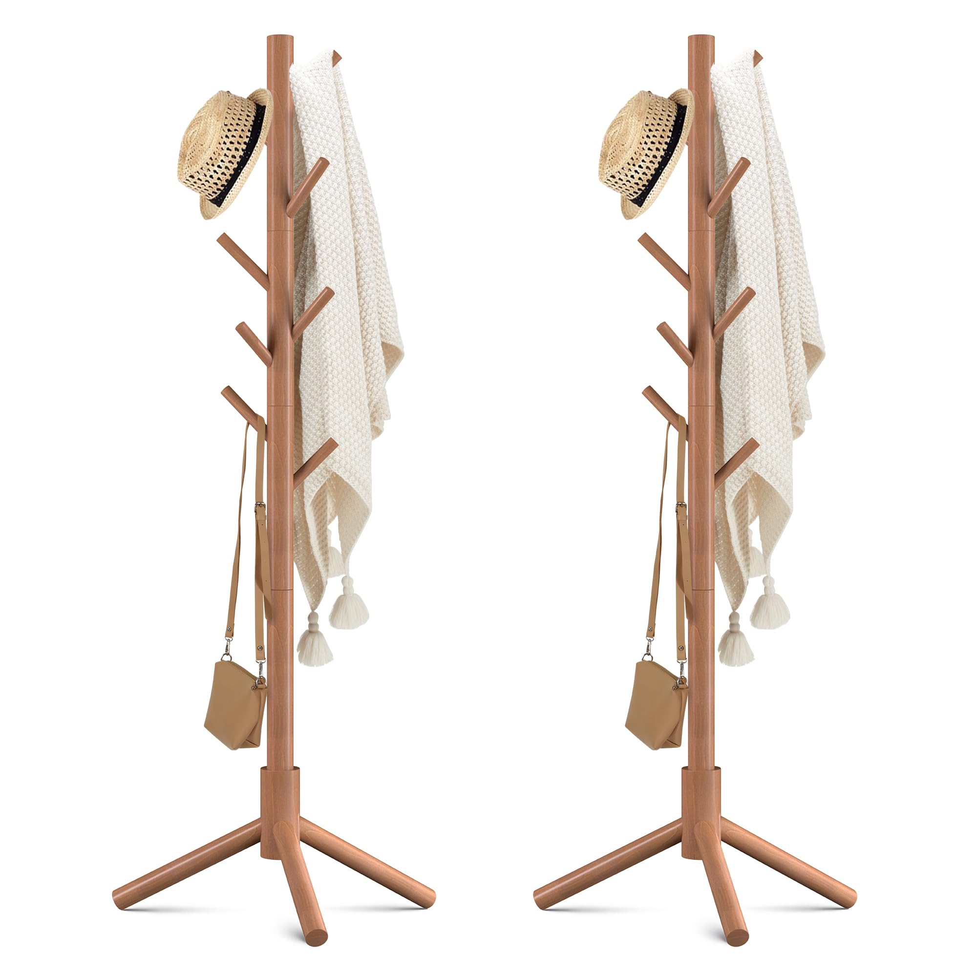 Haddockway Wooden Coat Rack Stand with 8 Hooks New Zealand Pine 3 Adjustable Coat Standing Tree Easy Assembly for Coats, Hats, Scarves and Handbags for Entryway, Hallway, Bedroom, Office