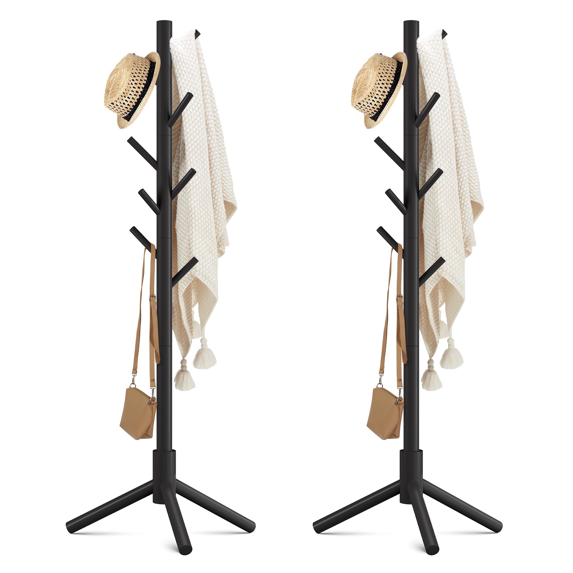 Haddockway Wooden Coat Rack Stand with 8 Hooks New Zealand Pine 3 Adjustable Coat Standing Tree Easy Assembly for Coats, Hats, Scarves and Handbags for Entryway, Hallway, Bedroom, Office