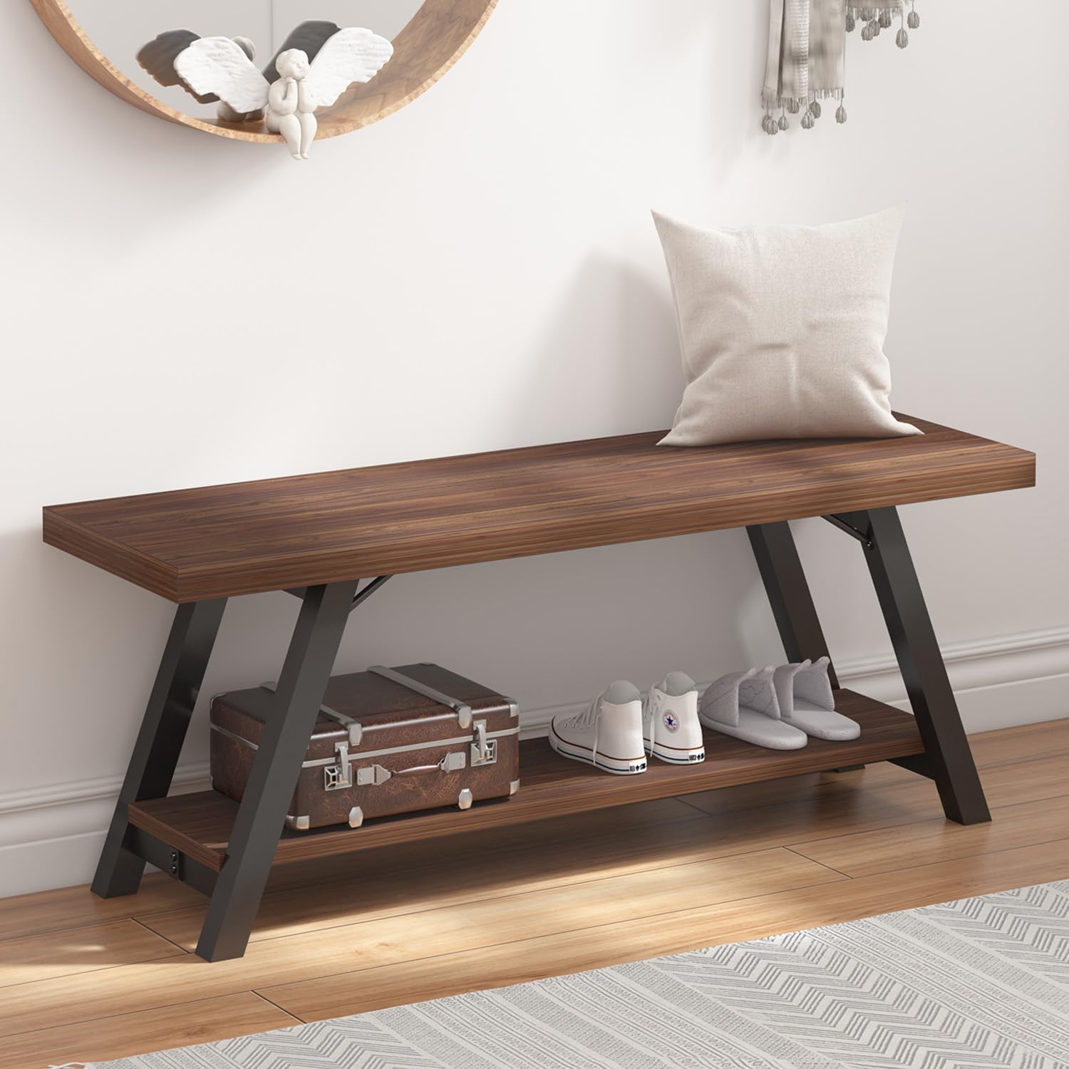 LVB Industrial Entryway Bench, Wood and Metal Storage Bench for Living Dining Room, Farmhouse Indoor Entry Way Shoe Benches Seat, Rustic Oak, 47 Inch Long
