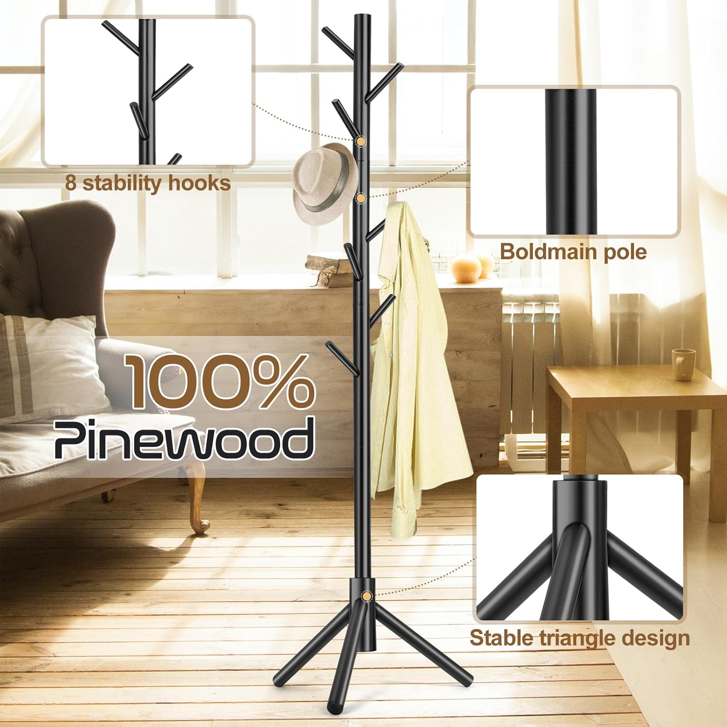 Wooden Coat Rack Freestanding with 8 Hooks & 3 Adjustable Sizes for Clothes, Space-Saving Design for Bedroom Office Entrance Holds Hats Coats Scarves Bags
