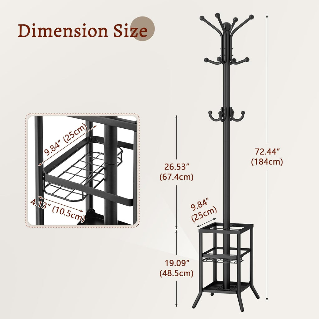 63" Freestanding Coat Rack with Umbrella Holder, Black