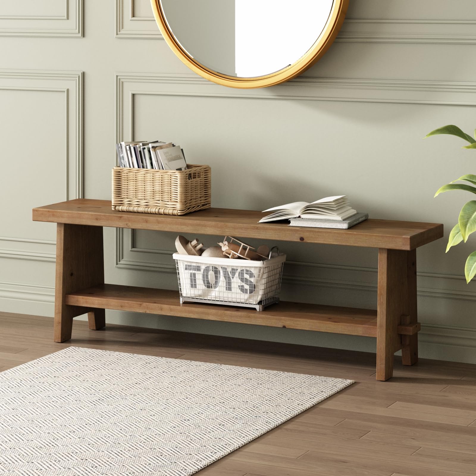 HOKYHOKY Solid Wood Entryway Bench - 31.5" Farmhouse Small Storage Bench, Rustic Narrow Bench Seat for Indoor, Entryway, Dining Room, Living Room and Hallway, Brown
