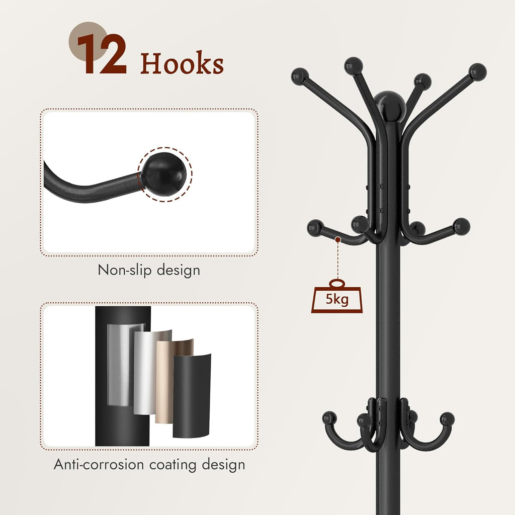63" Freestanding Coat Rack with Umbrella Holder, Black