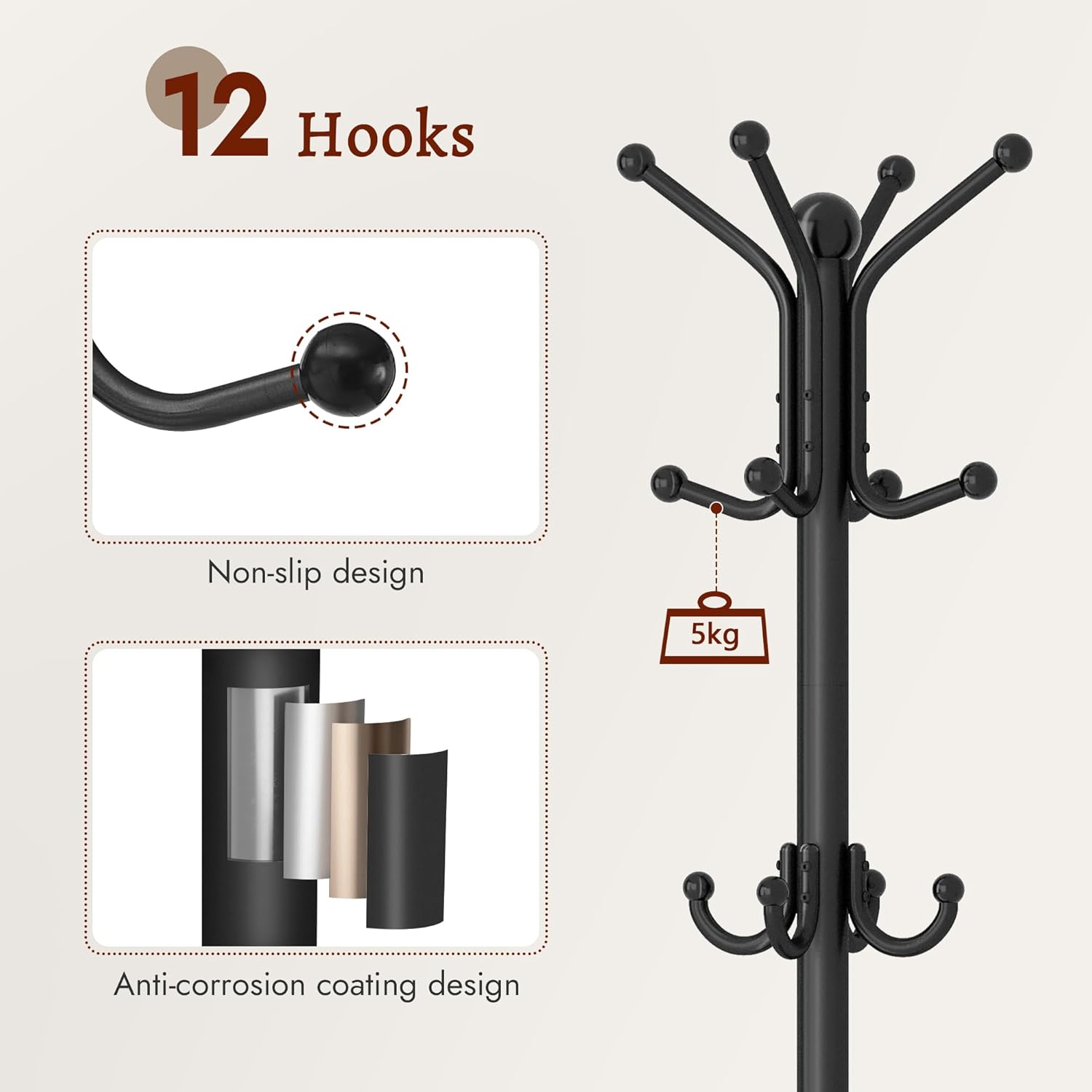 63" Freestanding Coat Rack with Umbrella Holder, Black