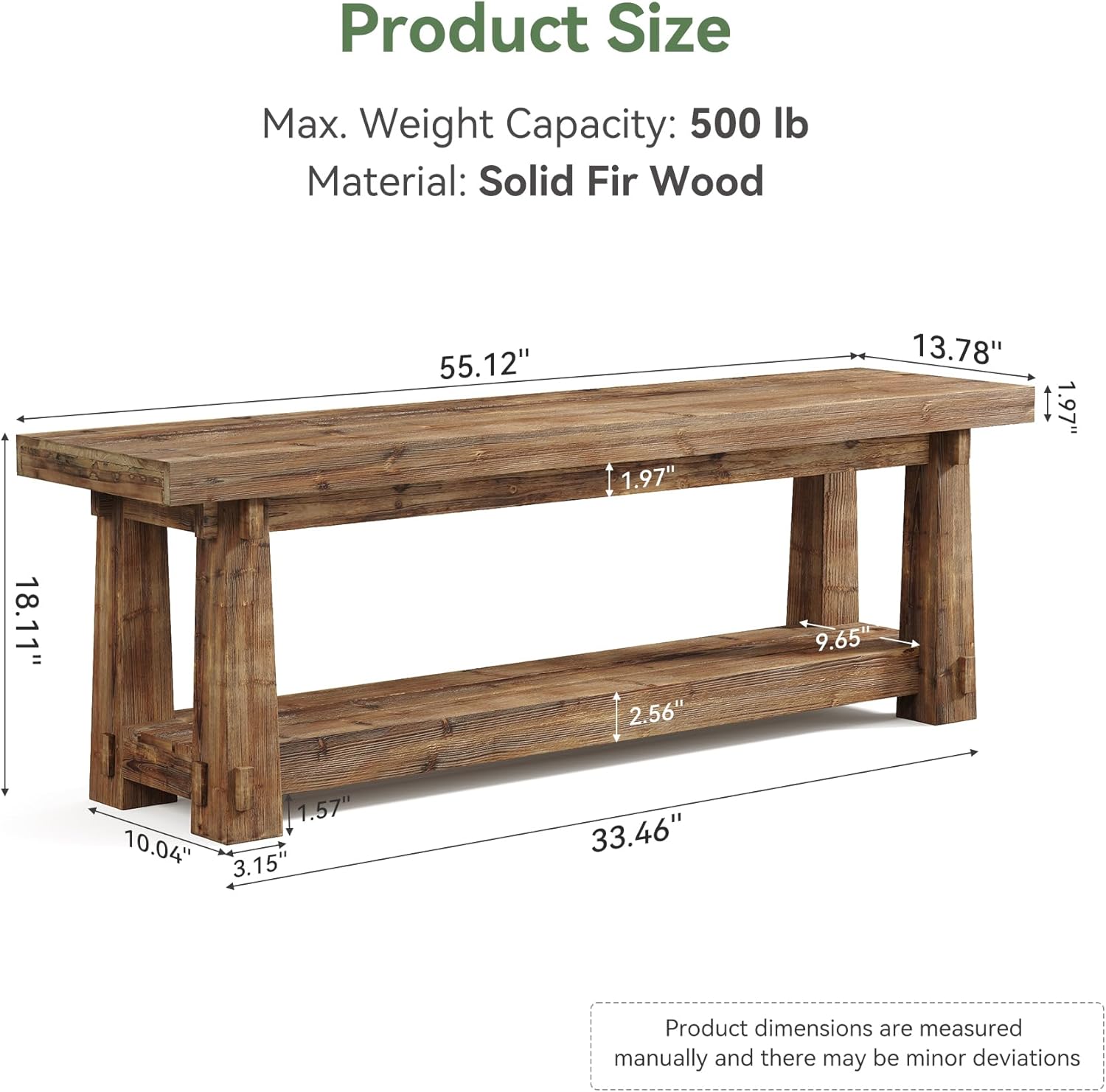 55" Solid Wood Entryway Bench with Shoe Storage, Rustic
