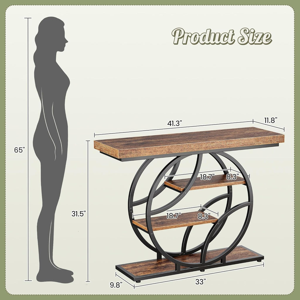 41.3" Curved Metal Console Table, Rustic Brown