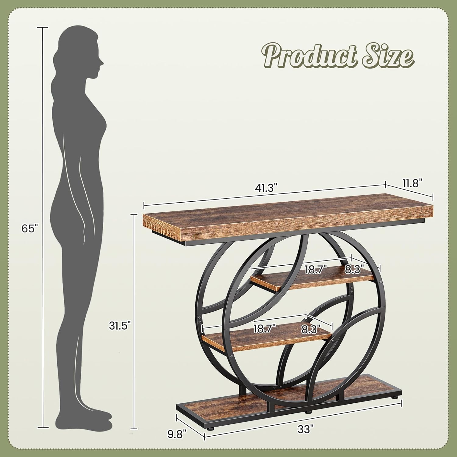 41.3" Curved Metal Console Table, Rustic Brown