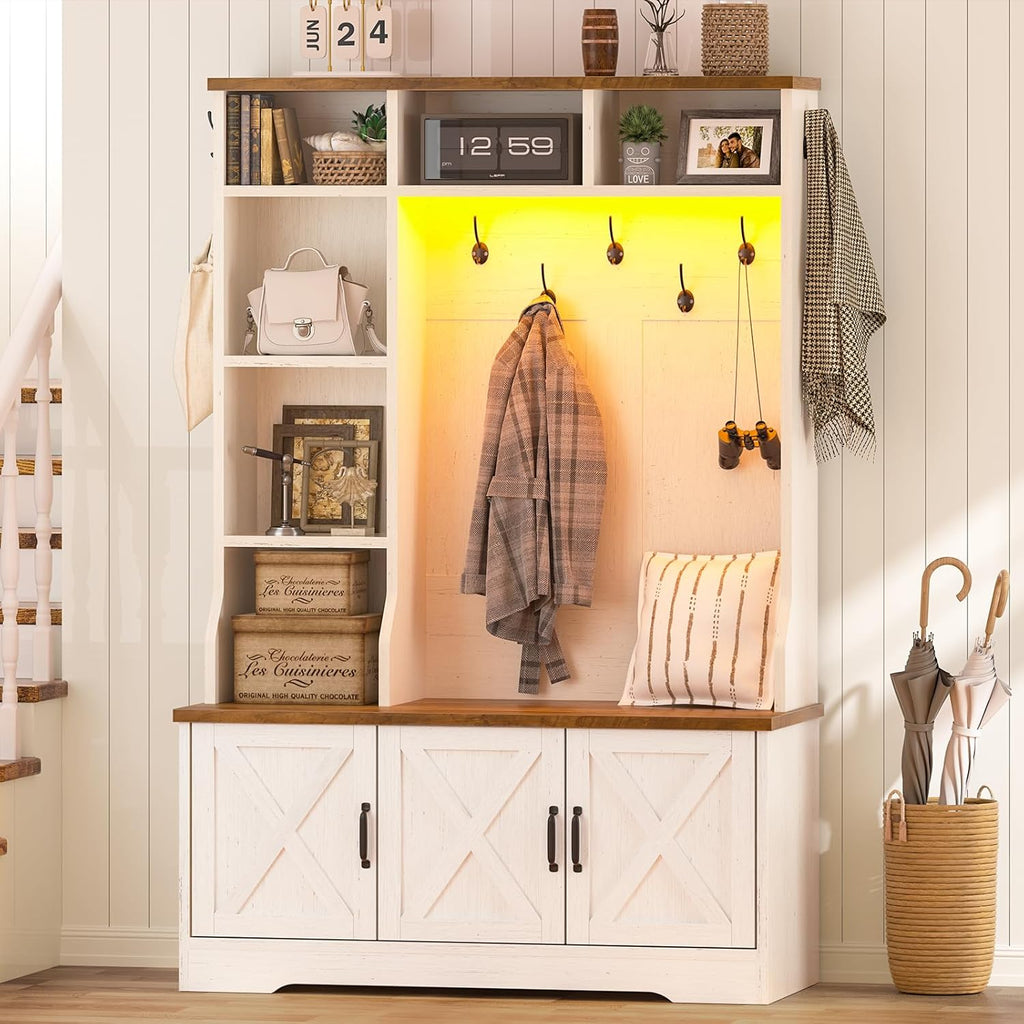 CSZZD Hall Tree with Bench and Shoe Storage, Farmhouse Entryway Bench with Coat Racks and Led Lights, Tall Hall Tree with 7 Coat Hooks, 6 Storage Cubbies, Adjustable Shelf