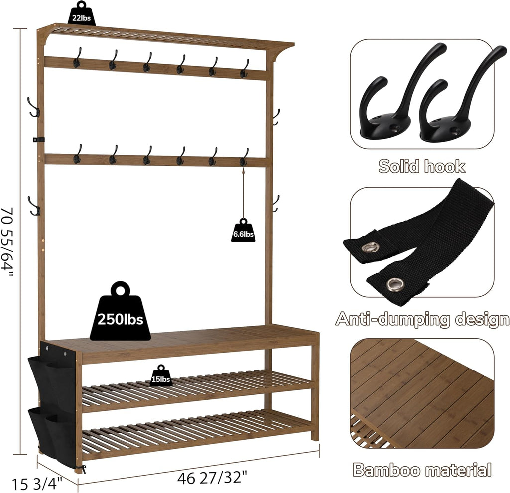 AMBIRD 6-in-1 Bamboo Hall Tree with Shoe Storage, Entryway Organizer Shoe Bench with 16 Coat Hooks and Cloth Bag, Sturdy Bamboo Storage Bench, 46 * 15 * 70 inches Brown
