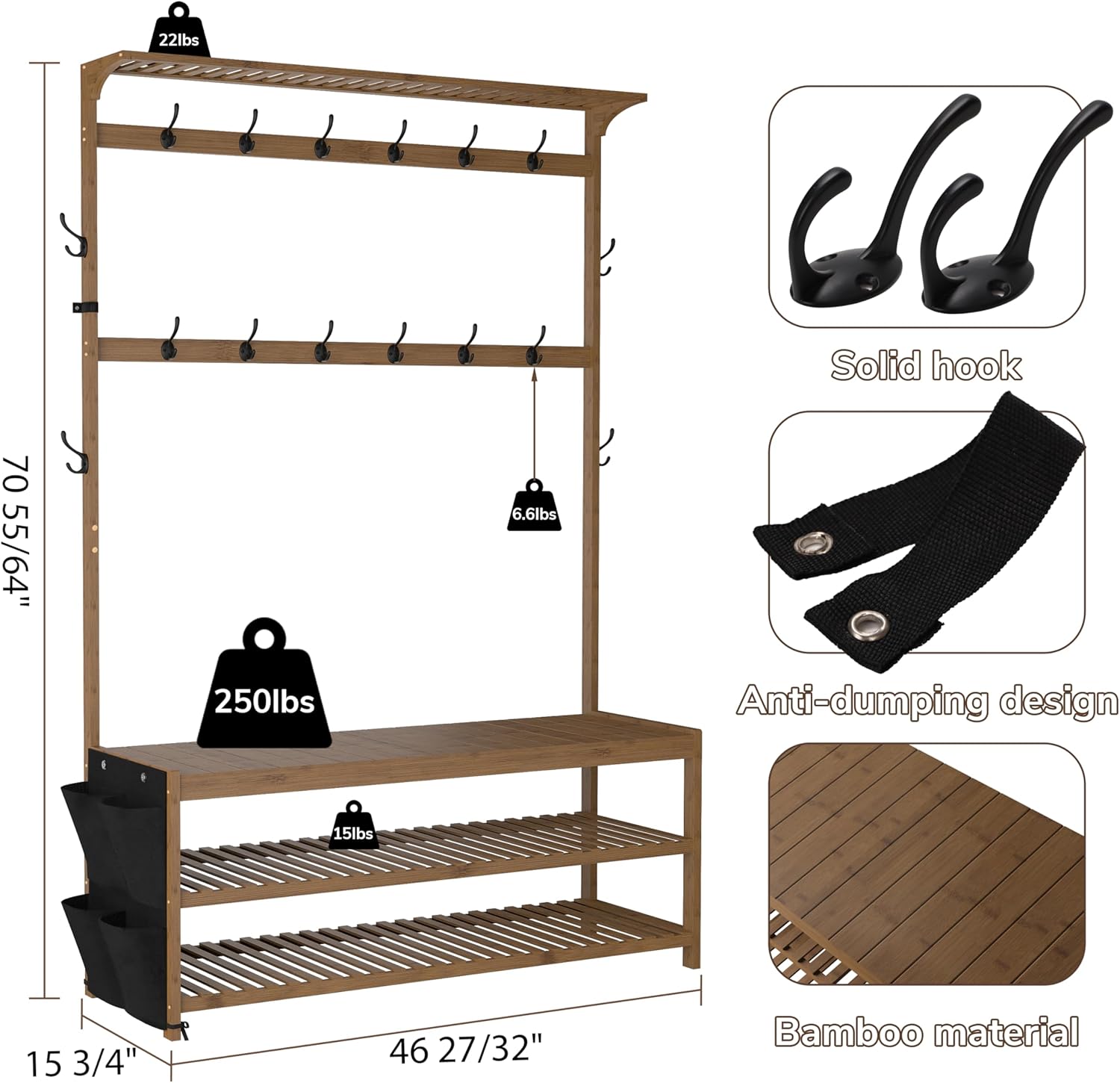 AMBIRD 6-in-1 Bamboo Hall Tree with Shoe Storage, Entryway Organizer Shoe Bench with 16 Coat Hooks and Cloth Bag, Sturdy Bamboo Storage Bench, 46 * 15 * 70 inches Brown