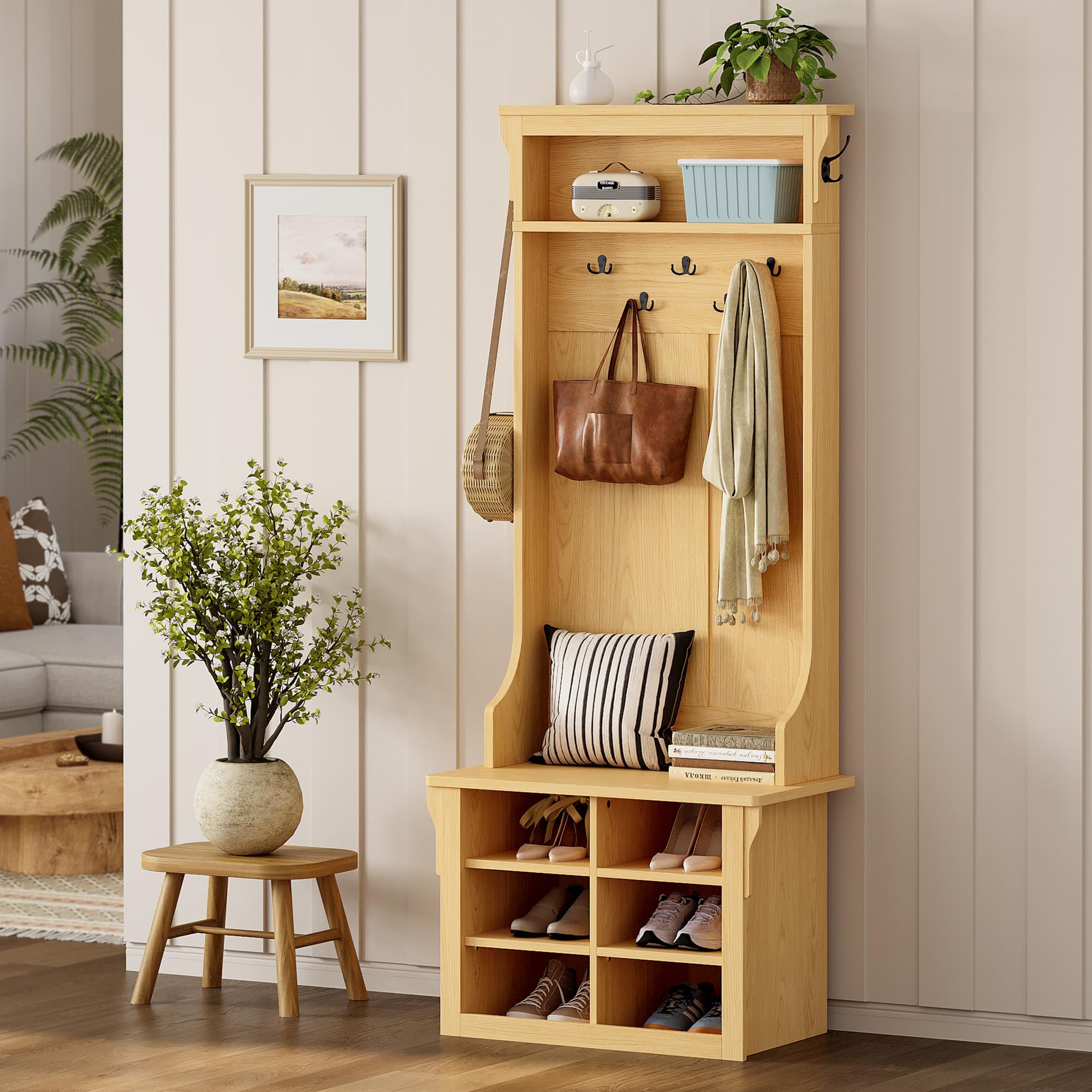 IRONCK Hall Tree with Bench and Shoe Storage, 6-in-1 Entryway Bench with Coat Rack, Adjustable Shelf, Hanging Hooks, 6 Shoe Cubbies, 2-Tier Top Storage, for Entryway, Bedroom, Living Room, Black