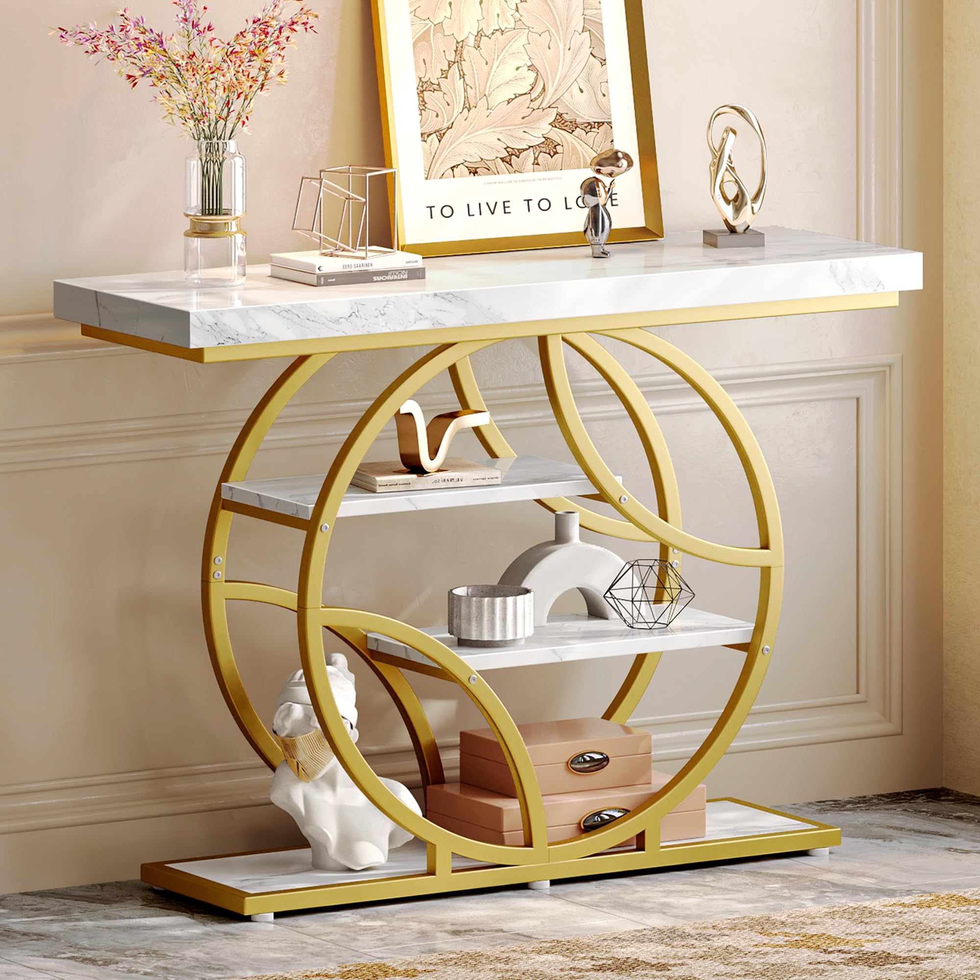 41.3" Curved Metal Console Table, Rustic Brown