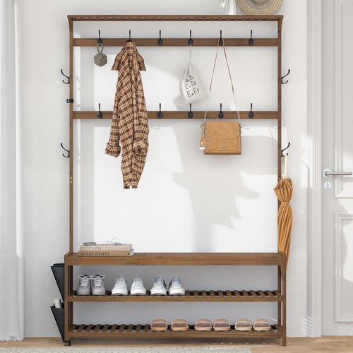AMBIRD 6-in-1 Bamboo Hall Tree with Shoe Storage, Entryway Organizer Shoe Bench with 16 Coat Hooks and Cloth Bag, Sturdy Bamboo Storage Bench, 46 * 15 * 70 inches Brown