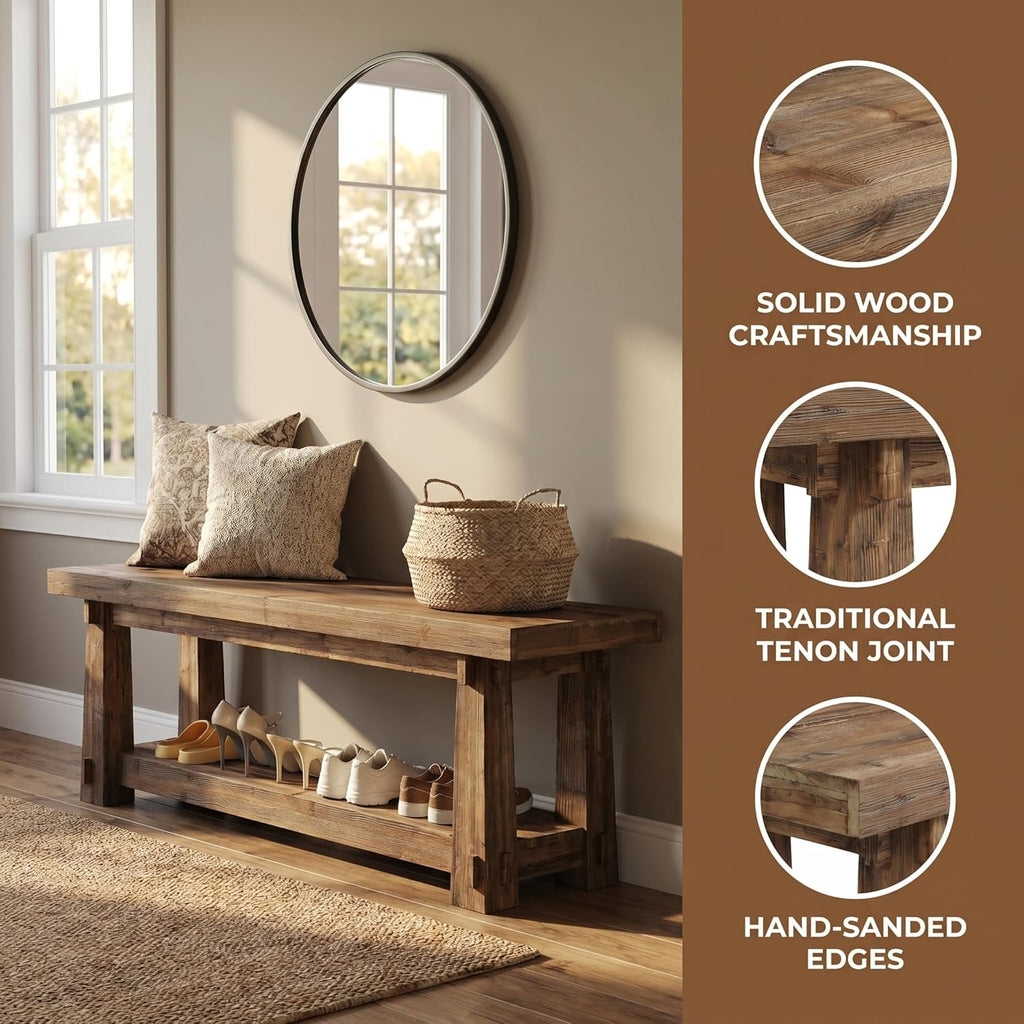 55" Solid Wood Entryway Bench with Shoe Storage, Rustic
