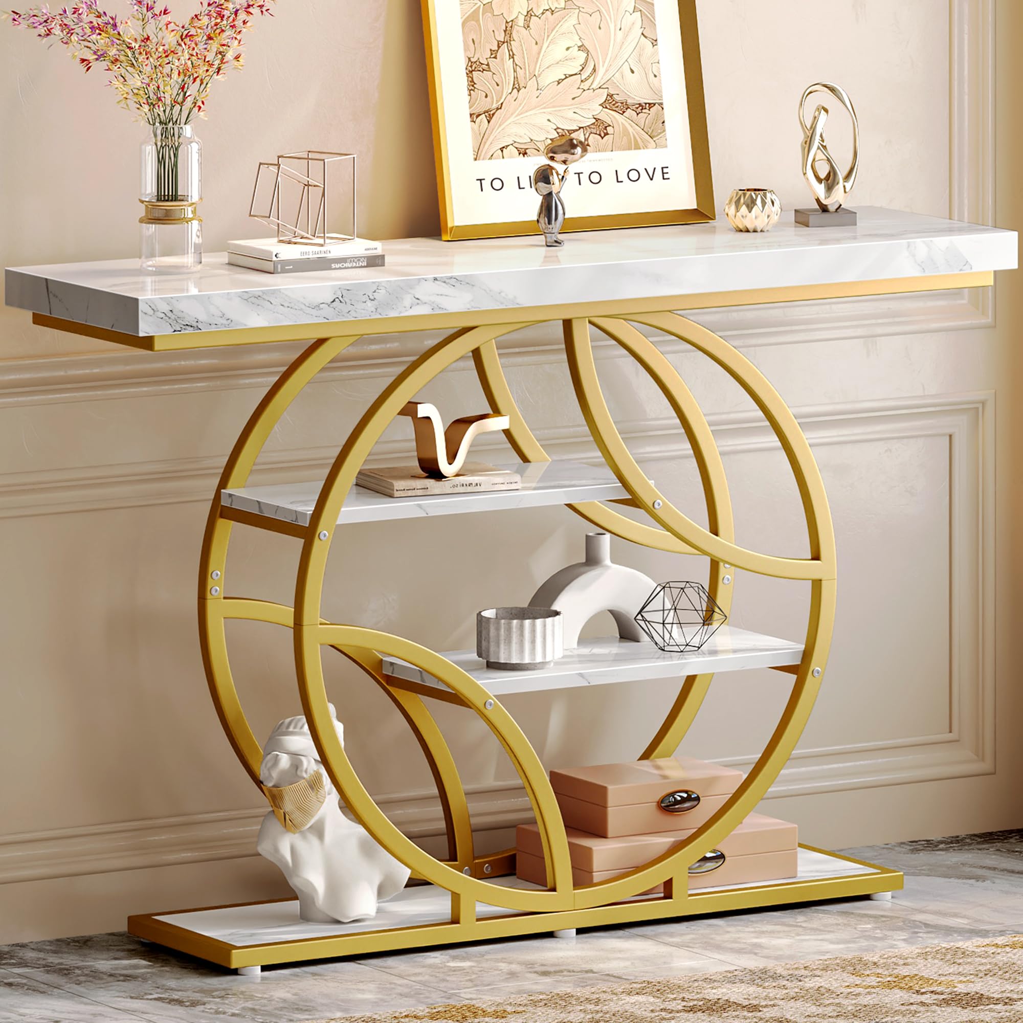 41.3" Curved Metal Console Table, Rustic Brown