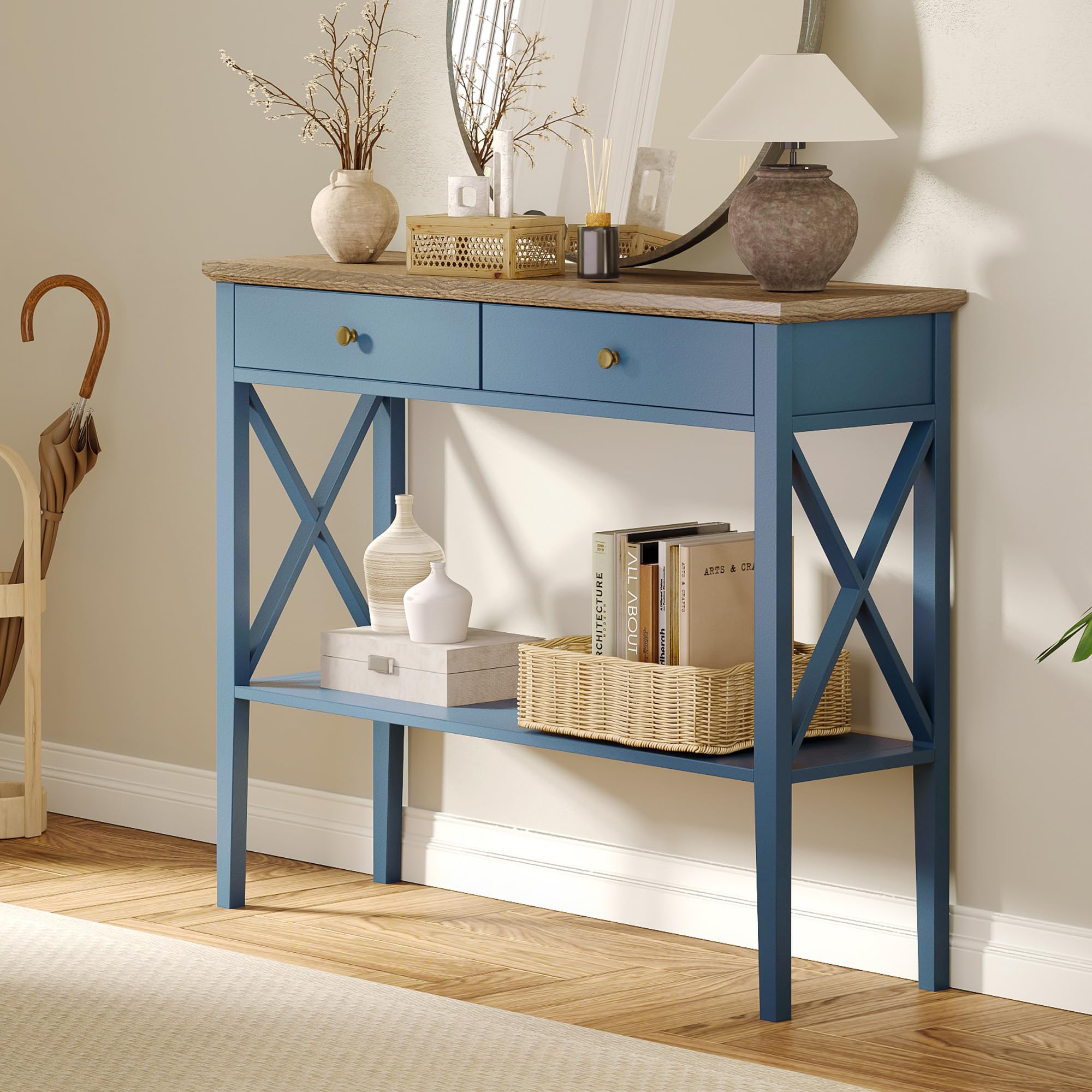ChooChoo Console Table with Drawers, Narrow Wood Accent Sofa Table Entryway Table with Storage Shelf for Entryway, Front Hall, Hallway, Living Room, Black