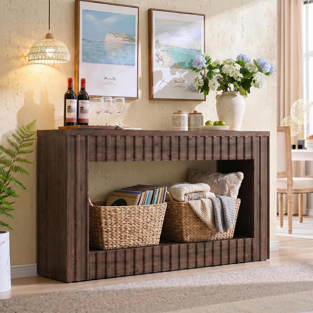 TRIBEWOOD 63 Inches Solid Wood Console Table, Farmhouse Entryway Table with Storage, Couch Table Behind Sofa, Long Wood Hallway Console for Living Room, Entrance, Stairs, Walnut Brown