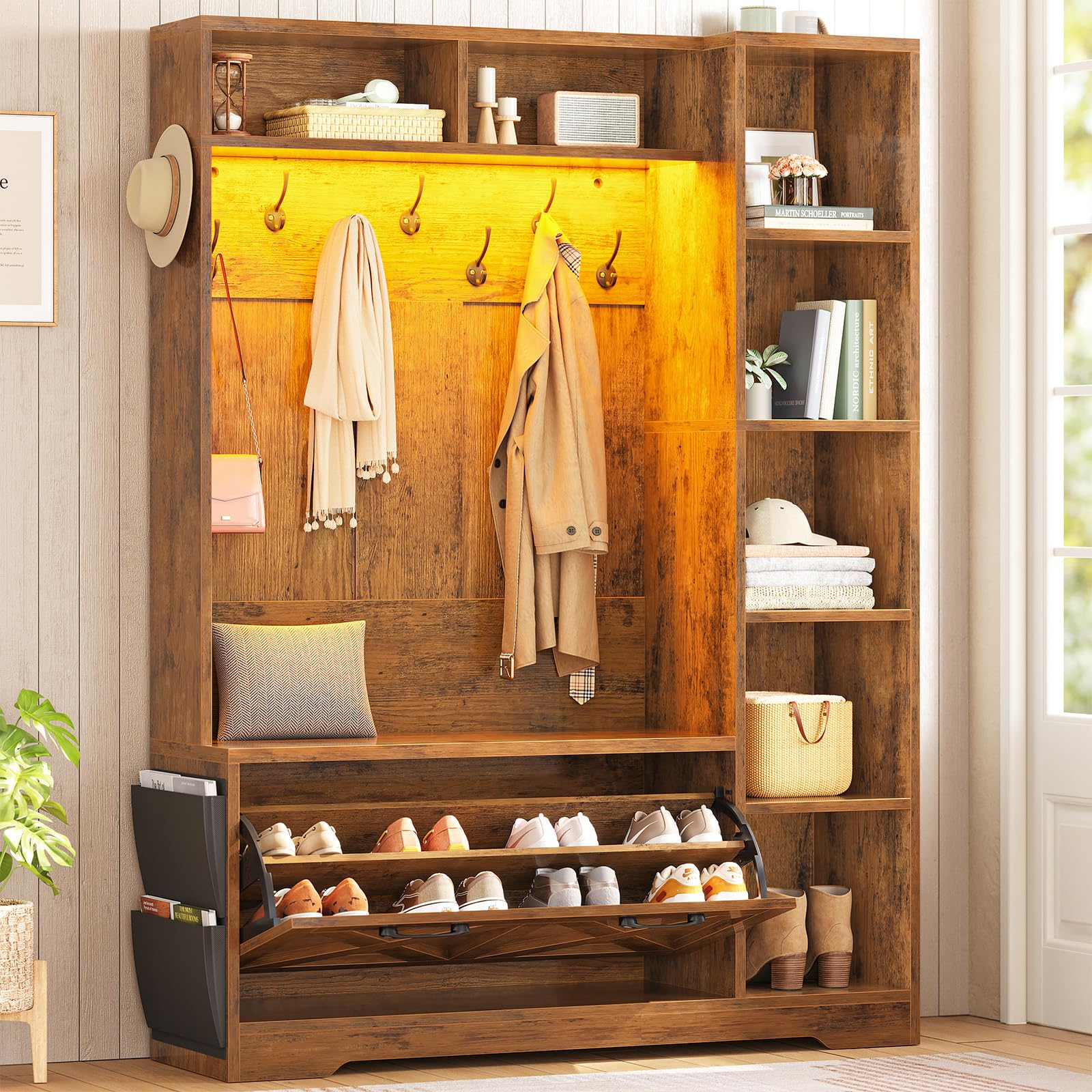 Itaar Hall Tree with Bench and Shoe Storage, Farmhouse Entryway Bench with Coat Rack, Shoe Cabinet with Flip Drawers, 7 Shelves, 10 Coat Hooks, Storage Bag, Led Lights, Black
