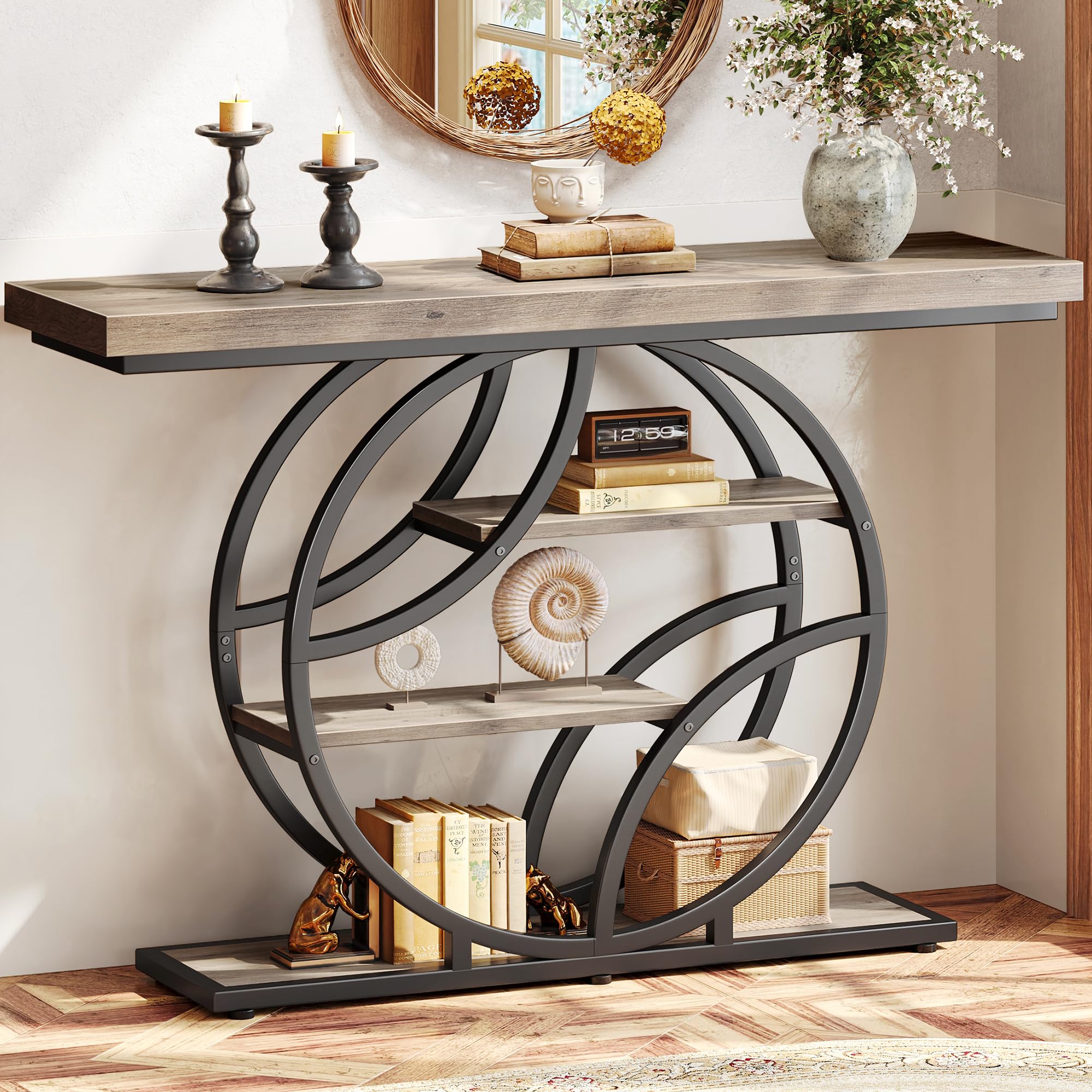 41.3" Curved Metal Console Table, Rustic Brown
