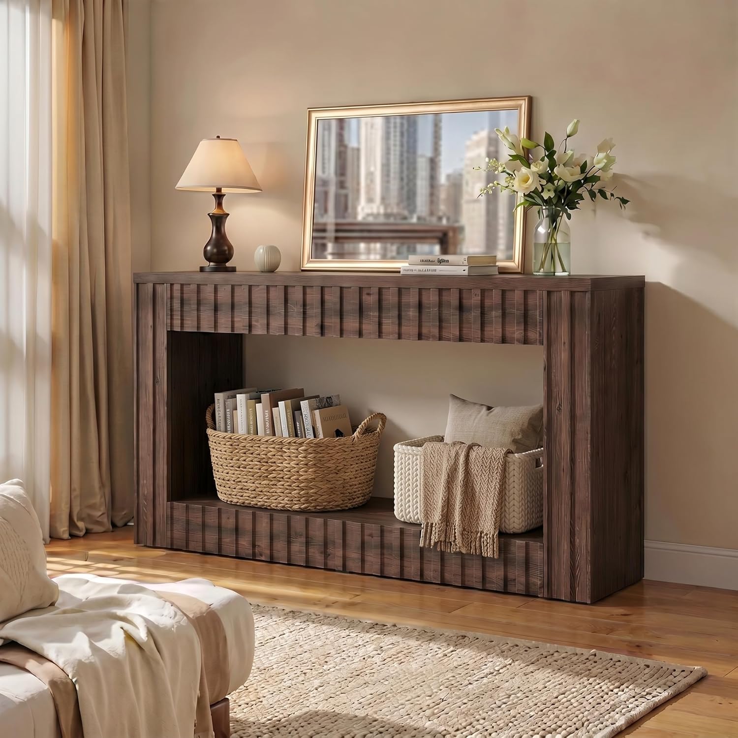 TRIBEWOOD 63 Inches Solid Wood Console Table, Farmhouse Entryway Table with Storage, Couch Table Behind Sofa, Long Wood Hallway Console for Living Room, Entrance, Stairs, Walnut Brown
