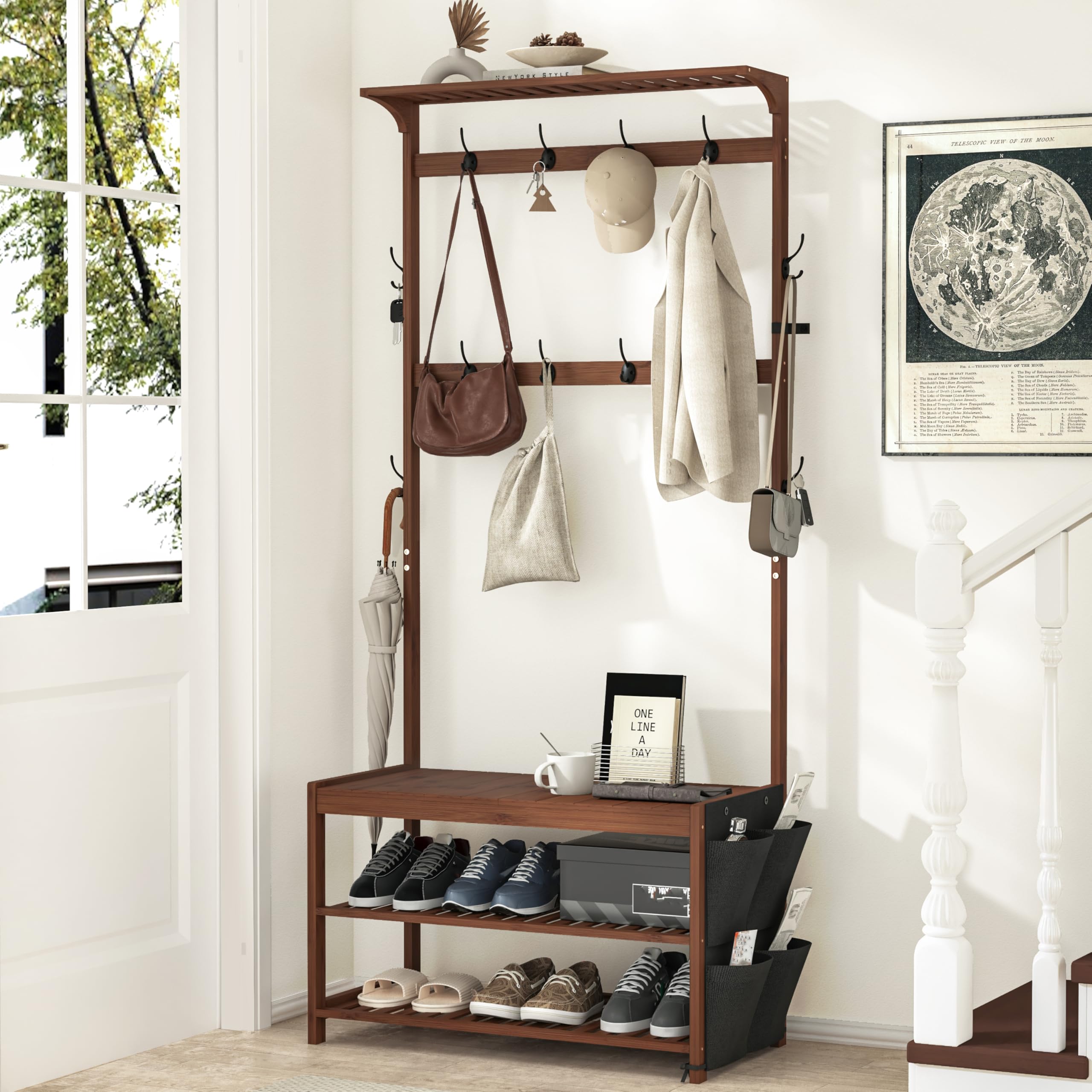 AMBIRD 6-in-1 Bamboo Hall Tree with Shoe Storage, Entryway Organizer Shoe Bench with 16 Coat Hooks and Cloth Bag, Sturdy Bamboo Storage Bench, 46 * 15 * 70 inches Brown