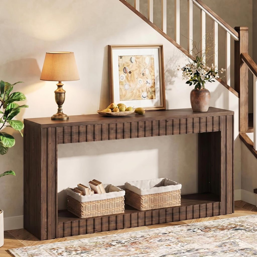 TRIBEWOOD 63 Inches Solid Wood Console Table, Farmhouse Entryway Table with Storage, Couch Table Behind Sofa, Long Wood Hallway Console for Living Room, Entrance, Stairs, Walnut Brown