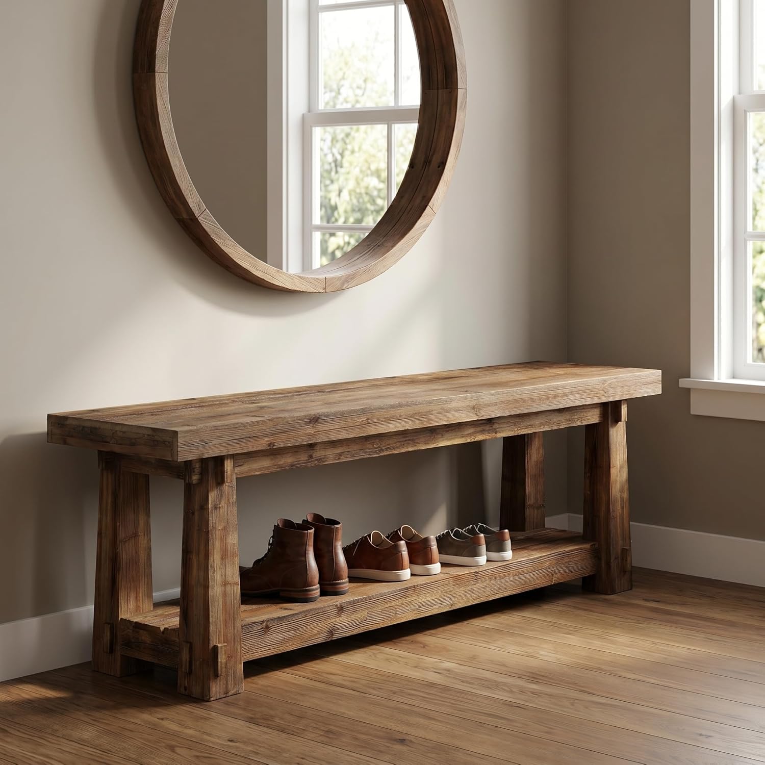 55" Solid Wood Entryway Bench with Shoe Storage, Rustic