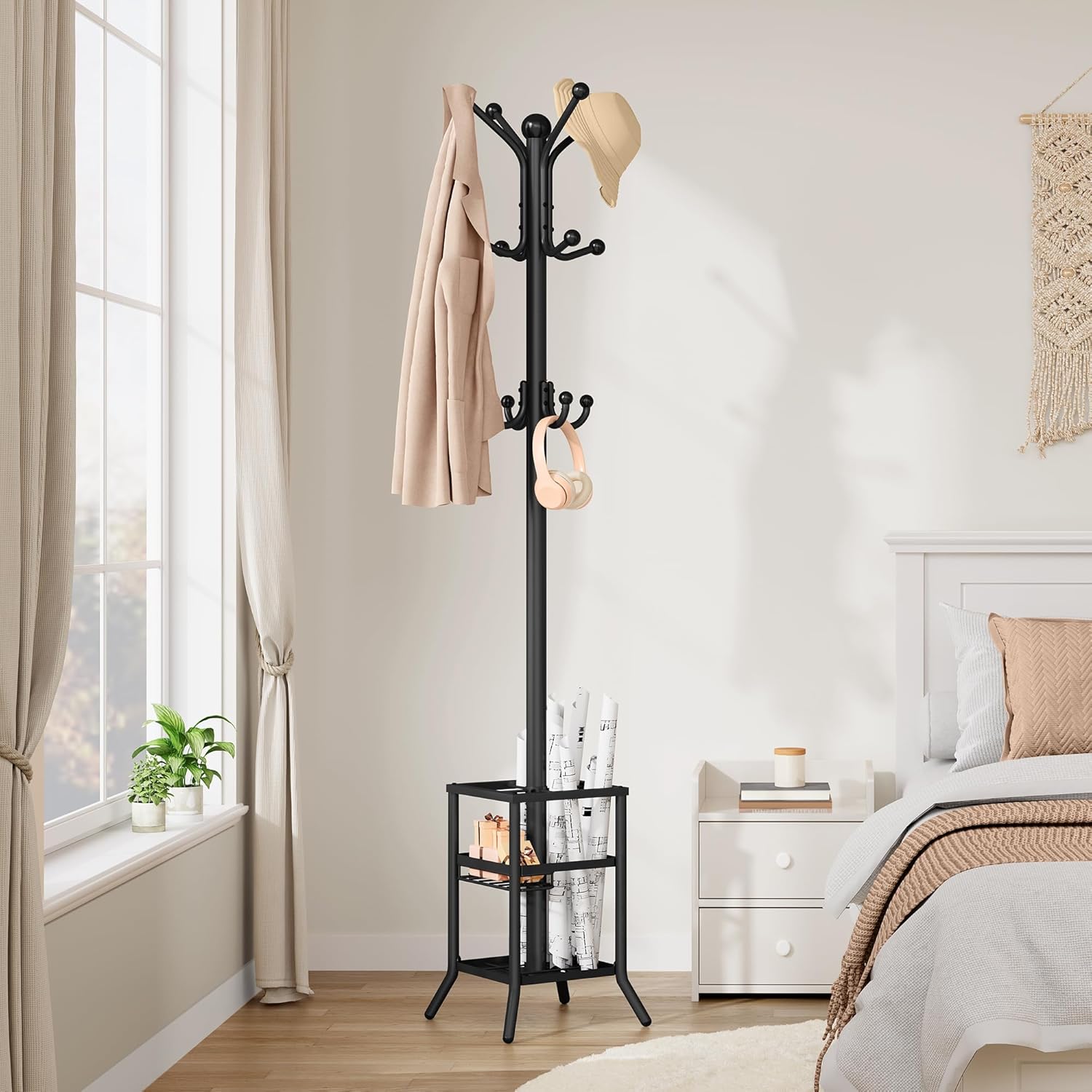 63" Freestanding Coat Rack with Umbrella Holder, Black